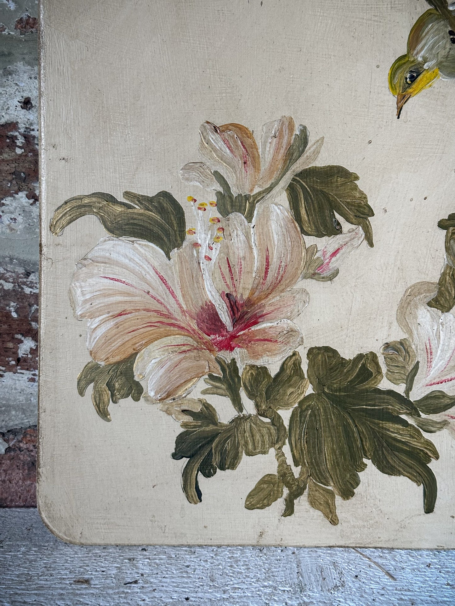 A Beautiful pair of Painted Panels with Hibiscus Flowers and Birds