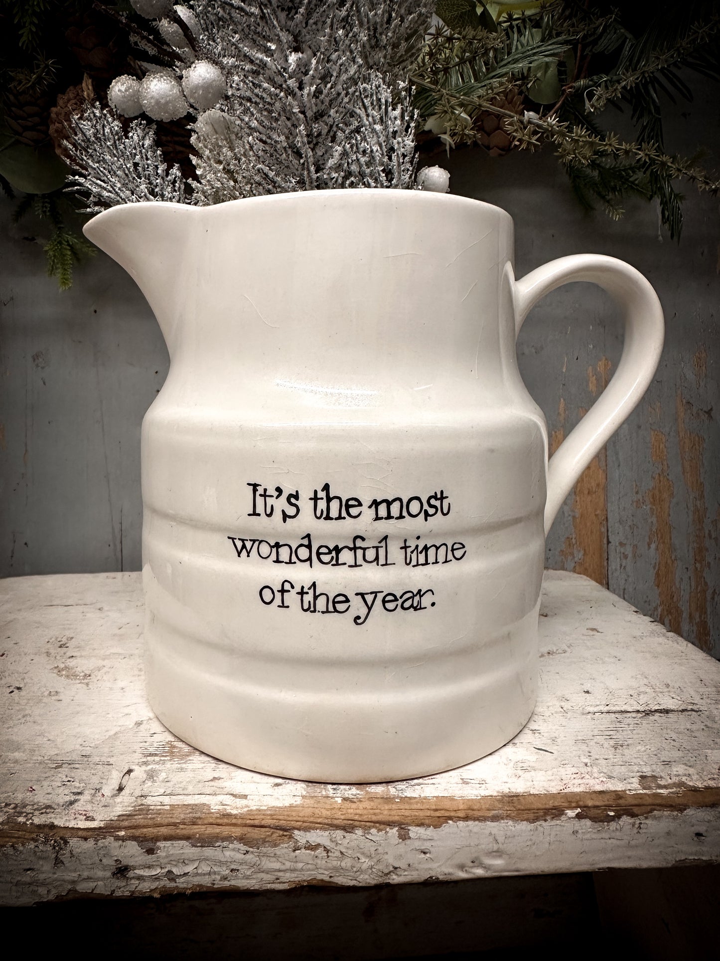 An Antique Ironstone Banded Jug with a Christmas hand painted quote