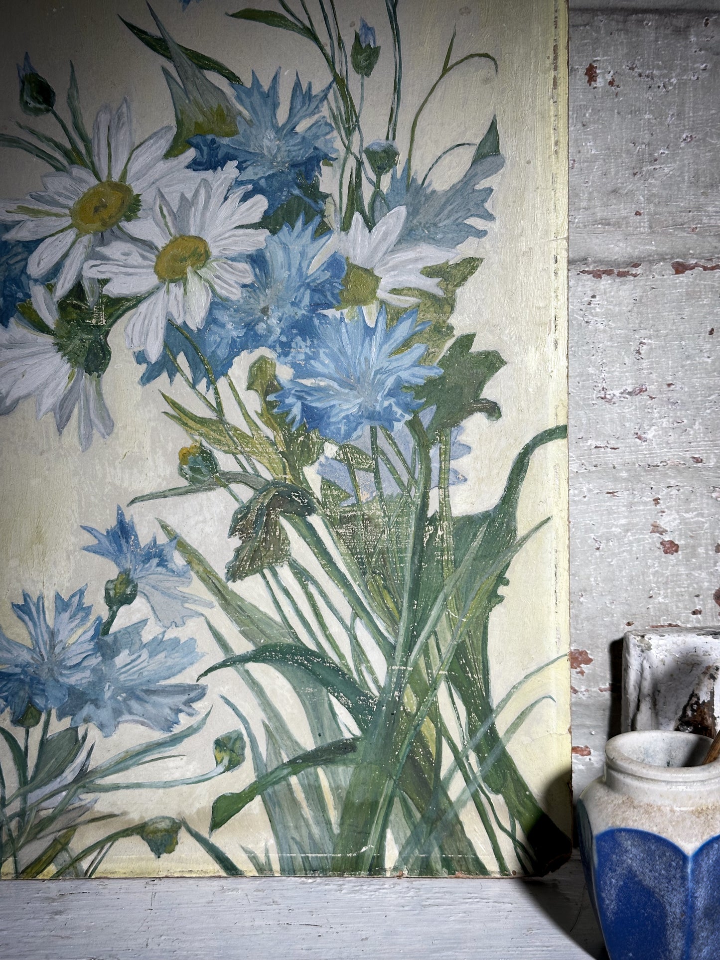 A Vintage oil on board painting of Daisies and Cornflowers