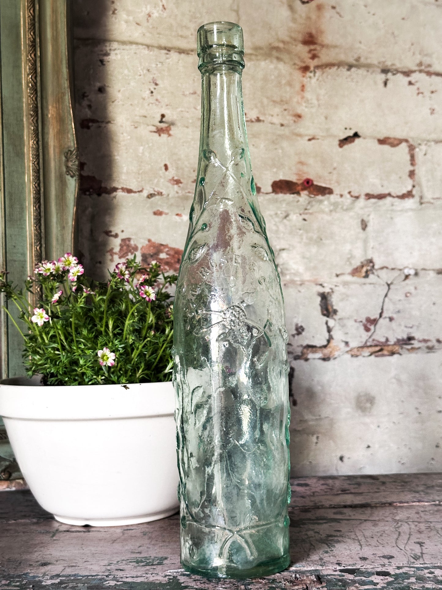 Victorian Rose’s Lime Cordial Bottle – Tall Embossed Floral Aqua Glass