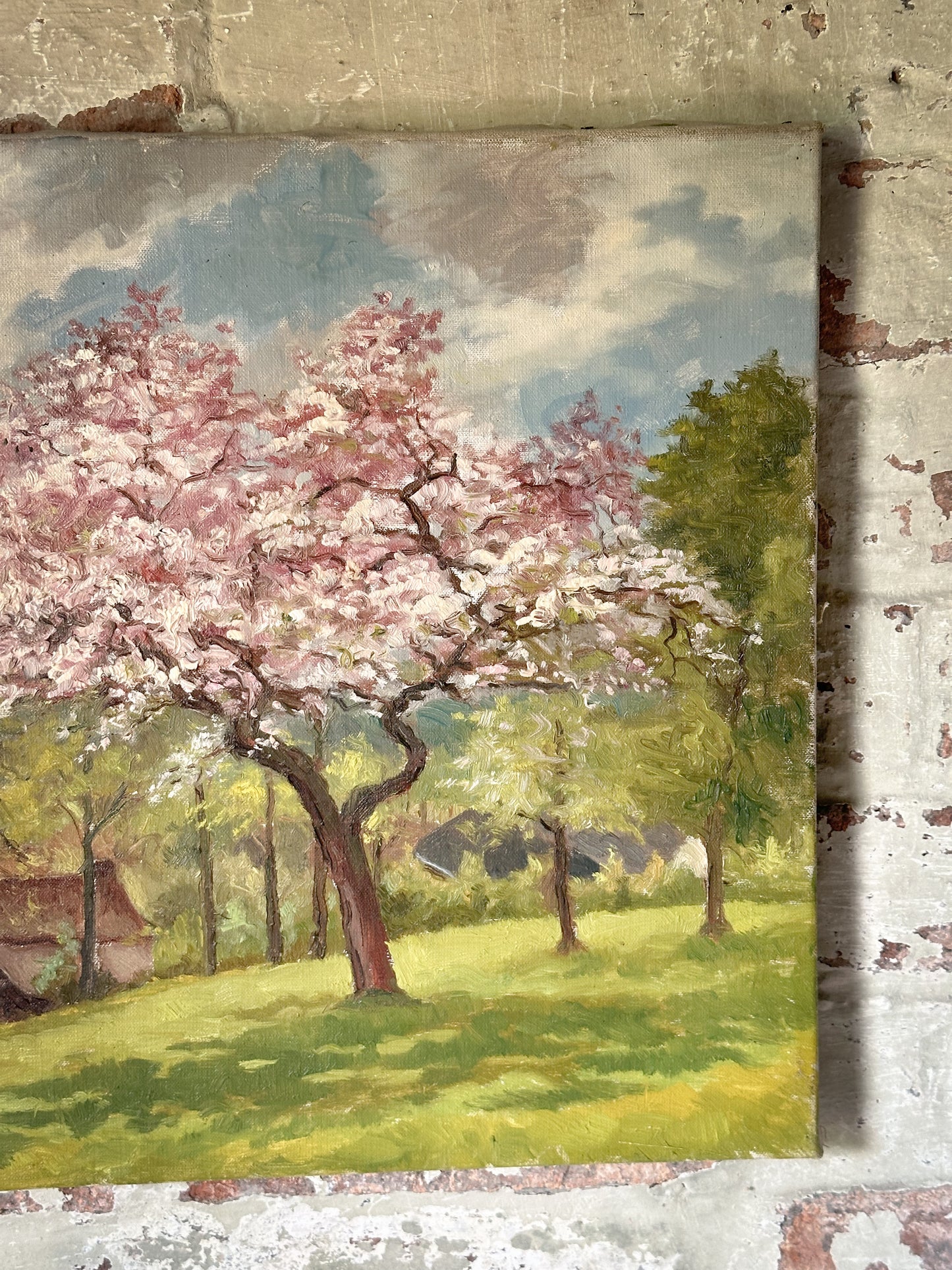 A lovely French Vintage oil on canvas painting of a Spring landscape