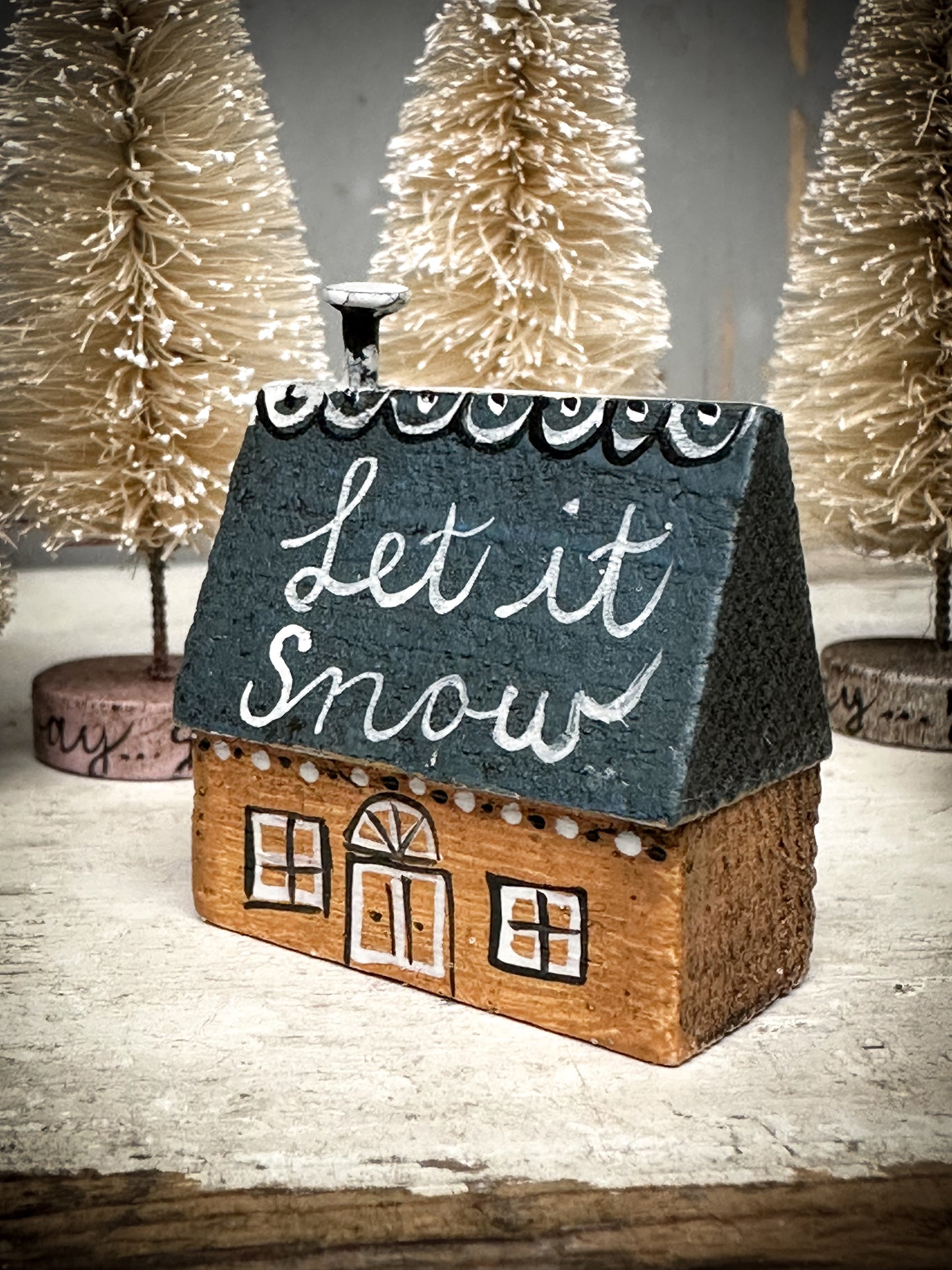 A small Vintage German Erzgebirge Putz Wooden Village House “Let it Snow”