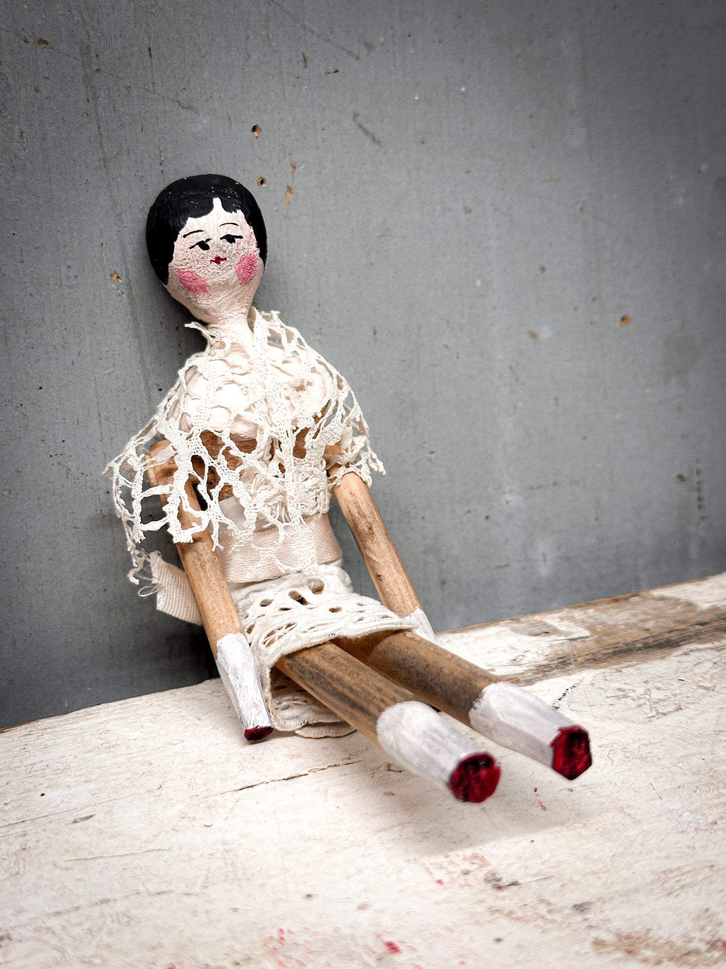 Antique Peg Doll / Grodnertal Doll with Wicker Crib