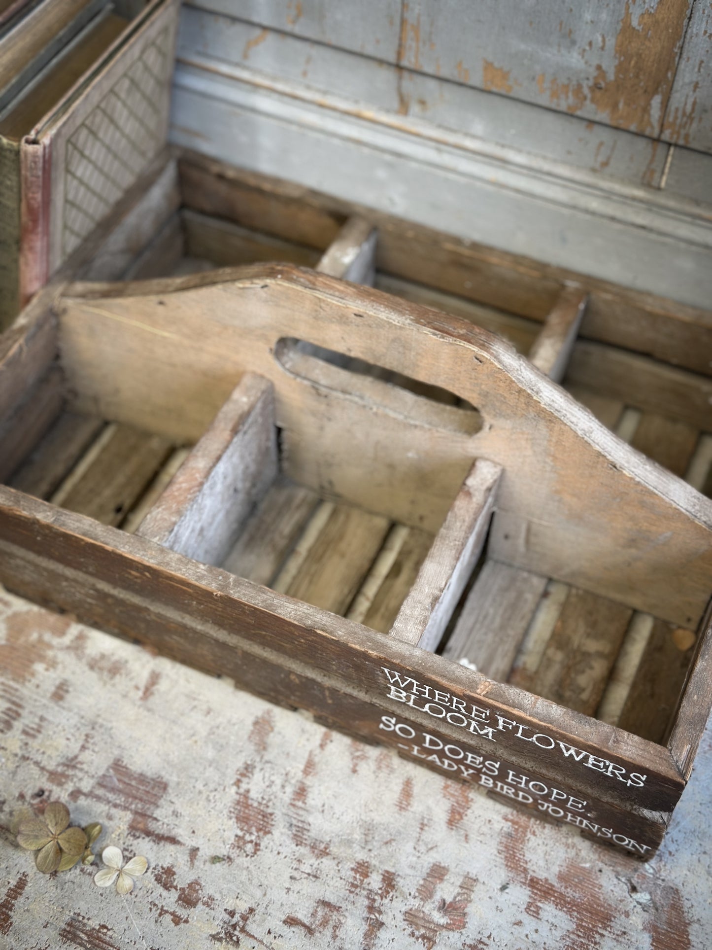 A Vintage Wooden Garden Trug With Hand Painted Quote
