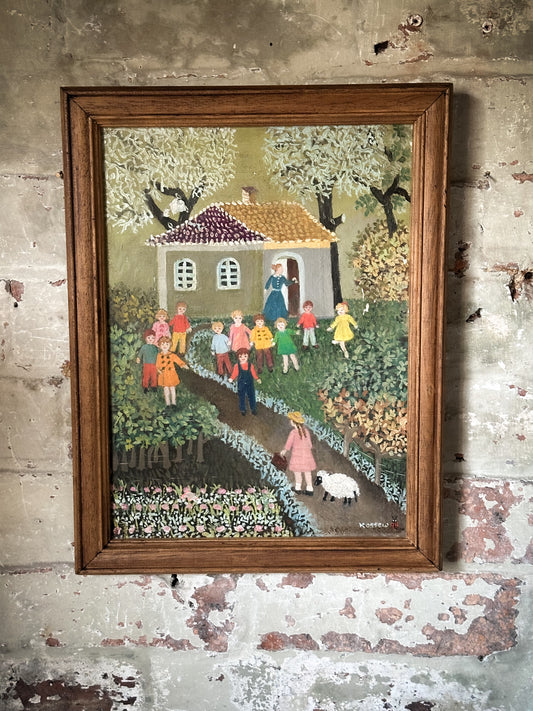 A Wonderful Vintage Naive Oil on Canvas Painting of a Nursery Rhyme “Mary Had a Little Lamb”