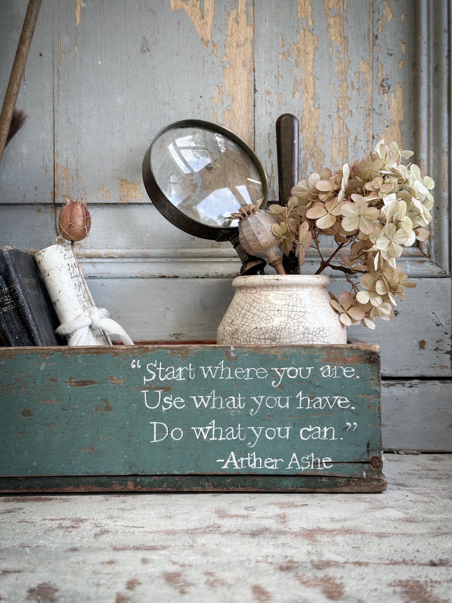 A Vintage French Chippy Paint Wooden Crate With A Hand Painted Quote
