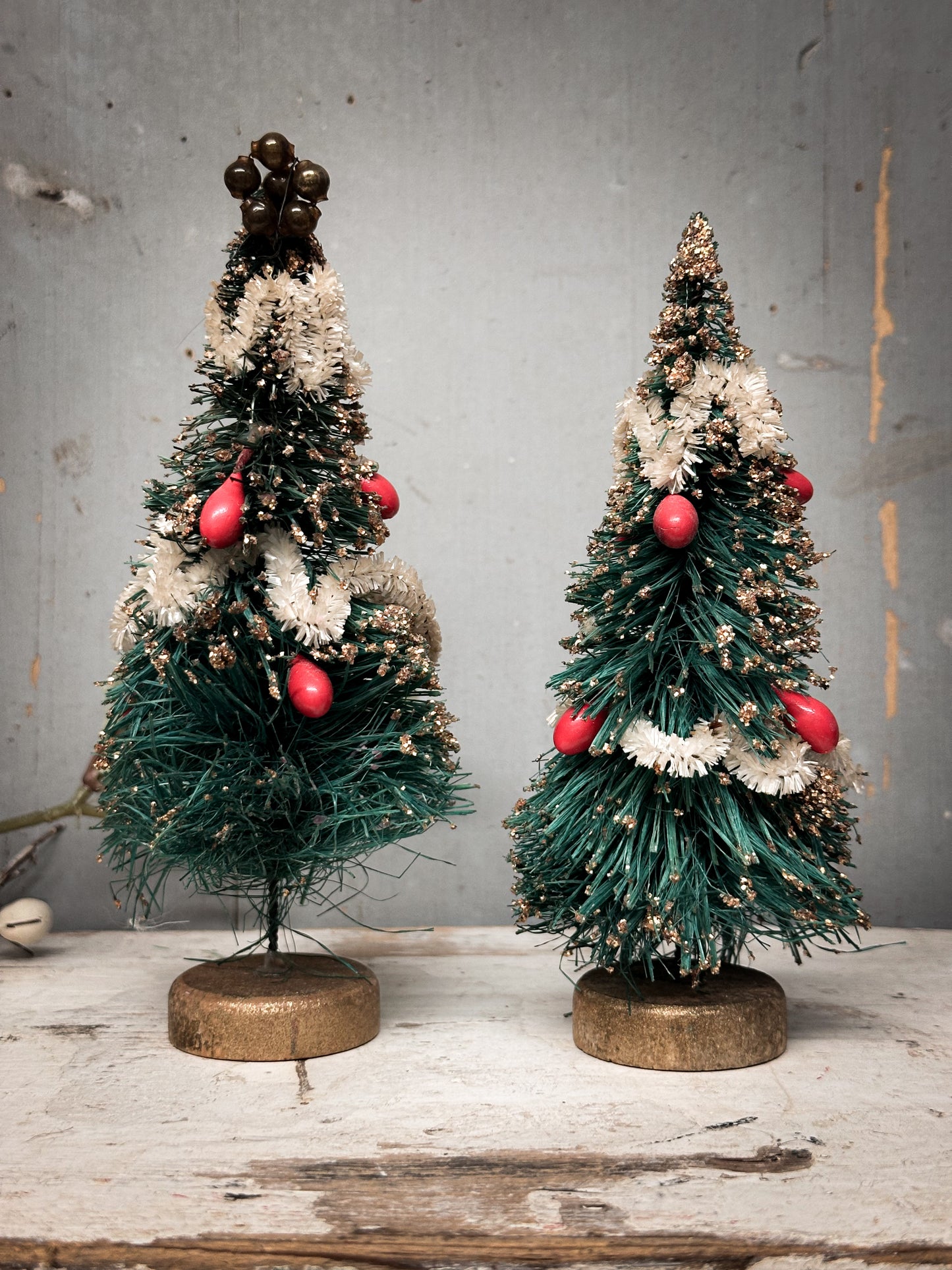 A Pair of Mid-Century Japanese Bottle-Brush Christmas Trees with Baubles – c.1950s–60s