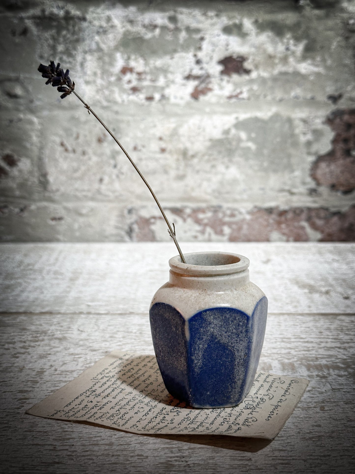 Antique Hexagonal Creamery Bottle with Blue Glaze