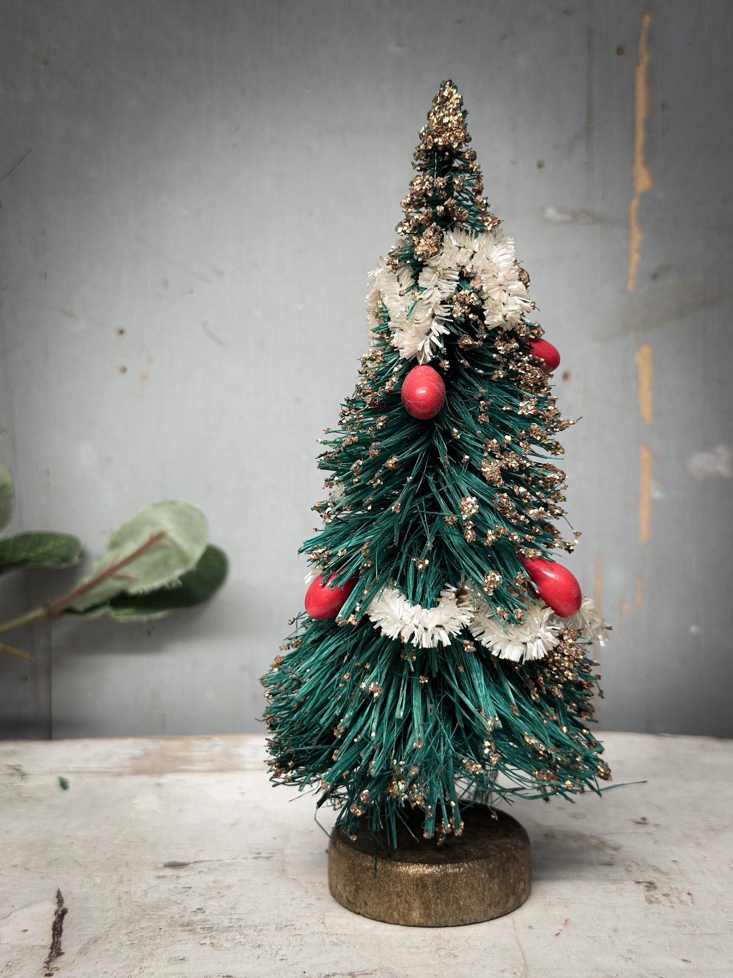 A Pair of Mid-Century Japanese Bottle-Brush Christmas Trees with Baubles – c.1950s–60s