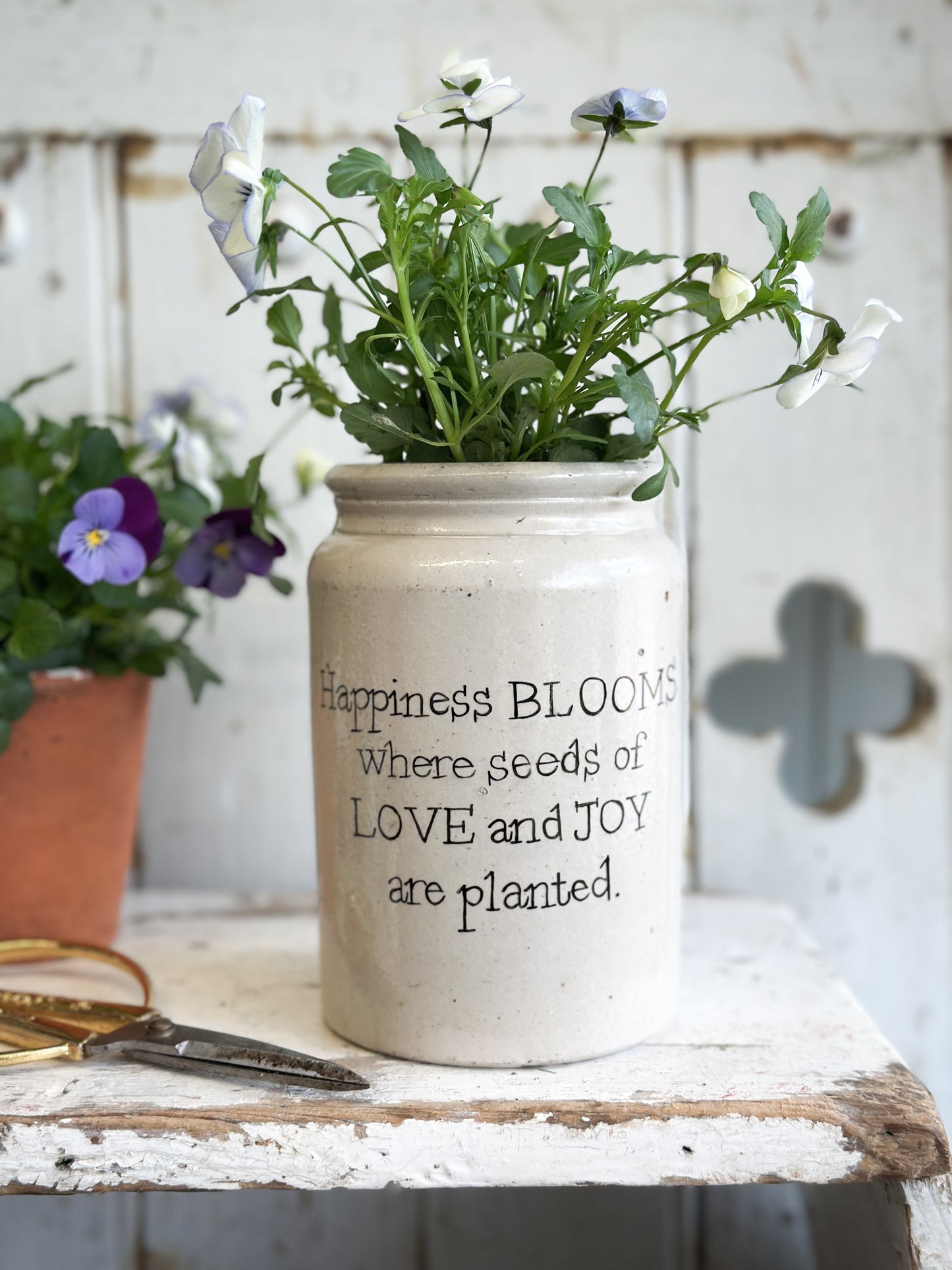 “Happiness Blooms” Large Painted Stoneware Pot