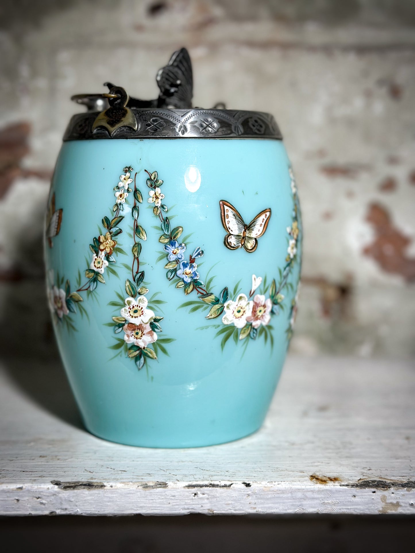 Antique lady’s Enamelled Milk Glass Boudoir Biscuit Barrel