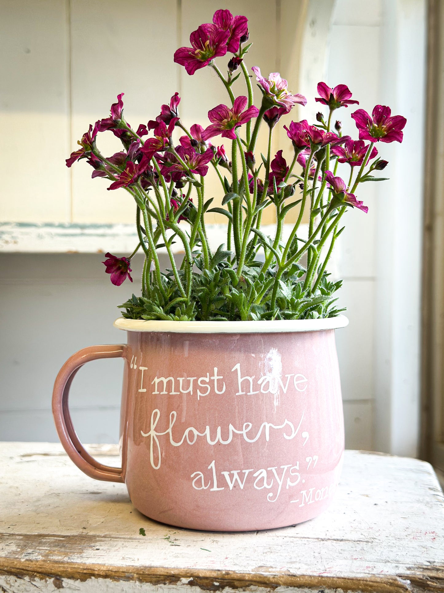A Pink Enamel Belly Mug Planter “I Must Have Flowers” - Monet Quote