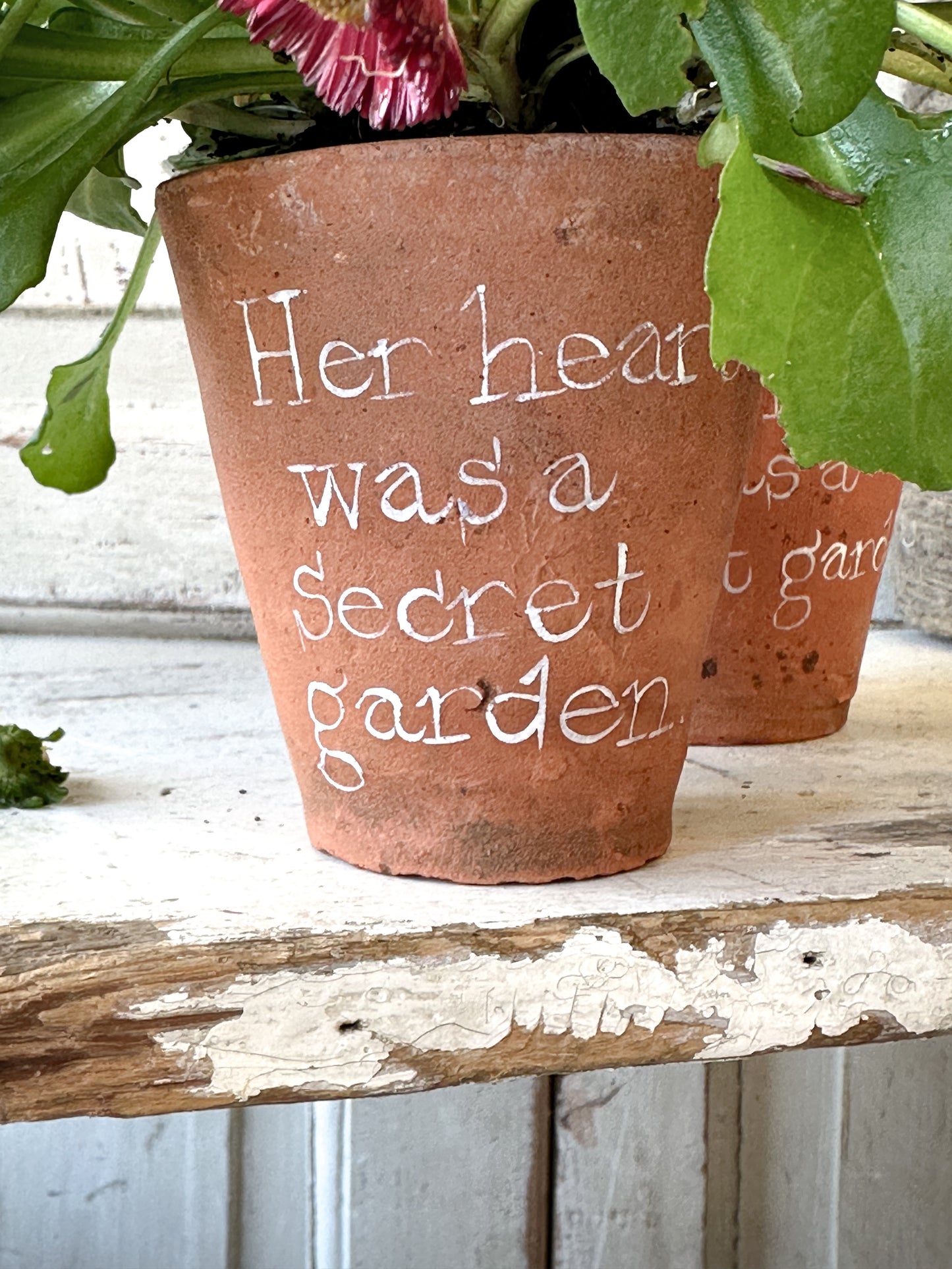 A Victorian terracotta pot with a quote “ Her heart was a Secret Garden”