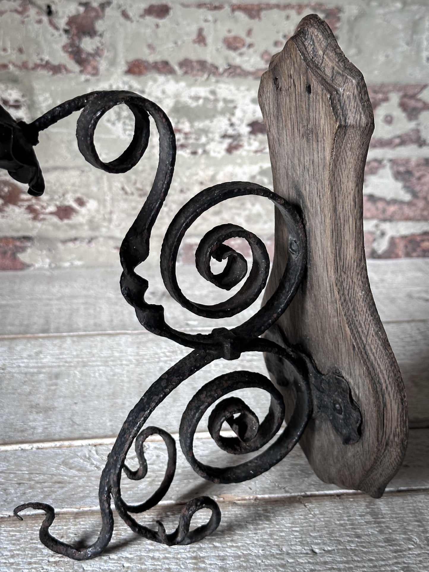 Antique Hand-Forged Wrought Iron Wall Bracket | Folk Art Scrollwork Hook on Wooden Backplate