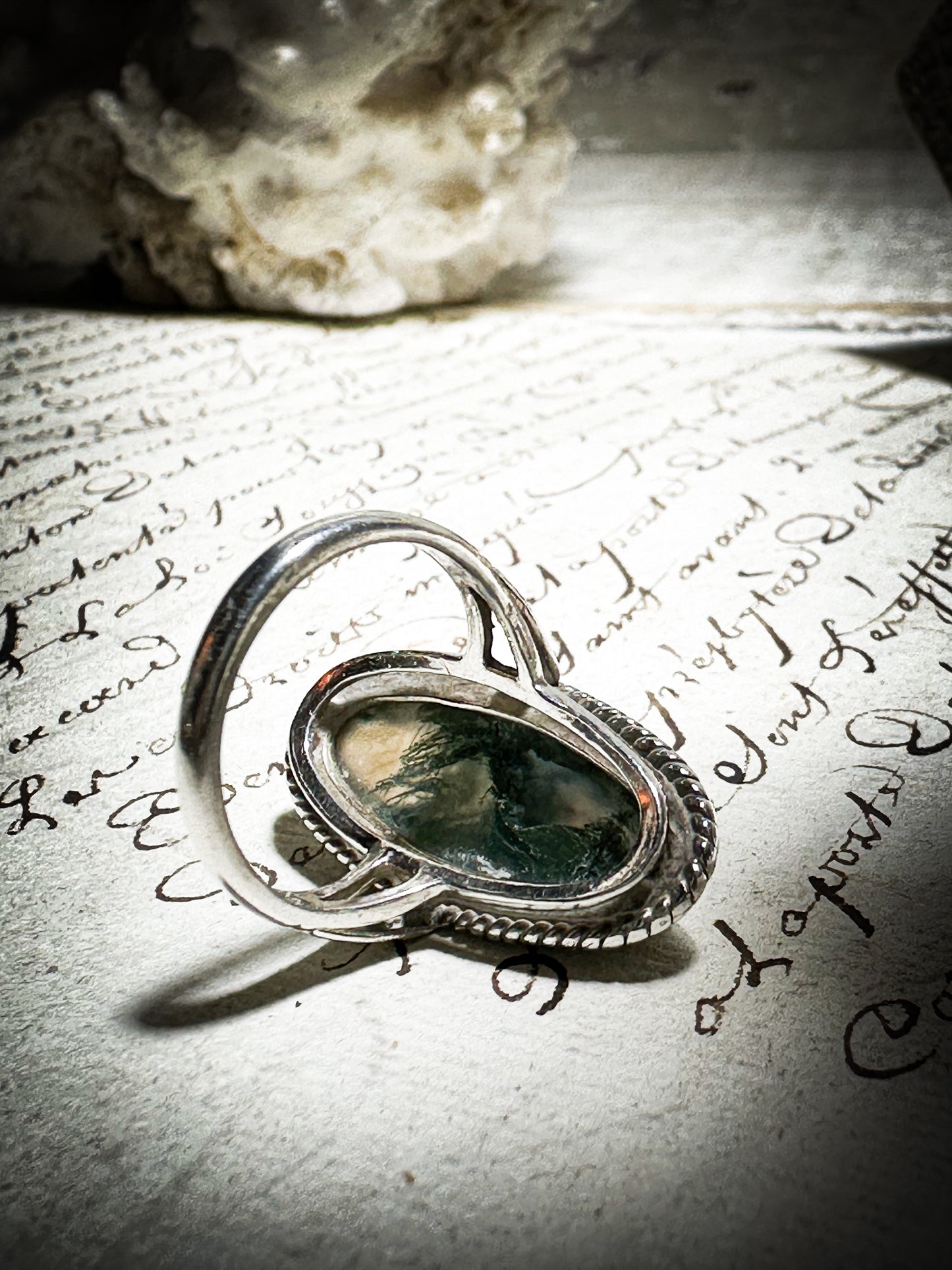 Vintage Hallmarked Silver Oval Moss Agate Ring