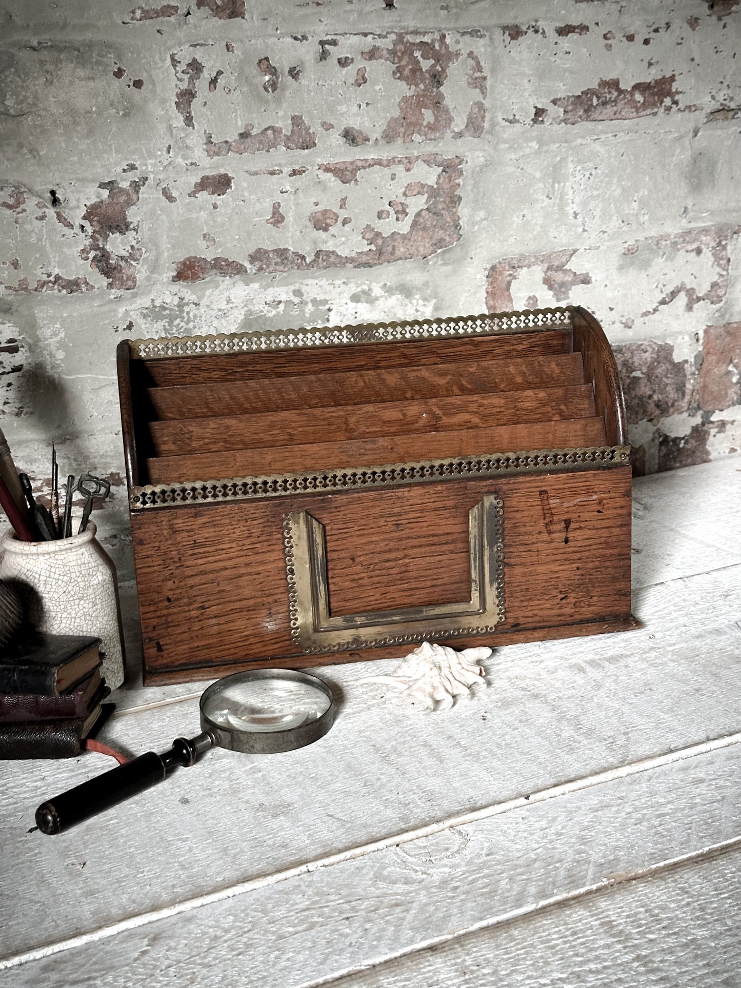 Victorian Oak Letter Rack with brass fretwork