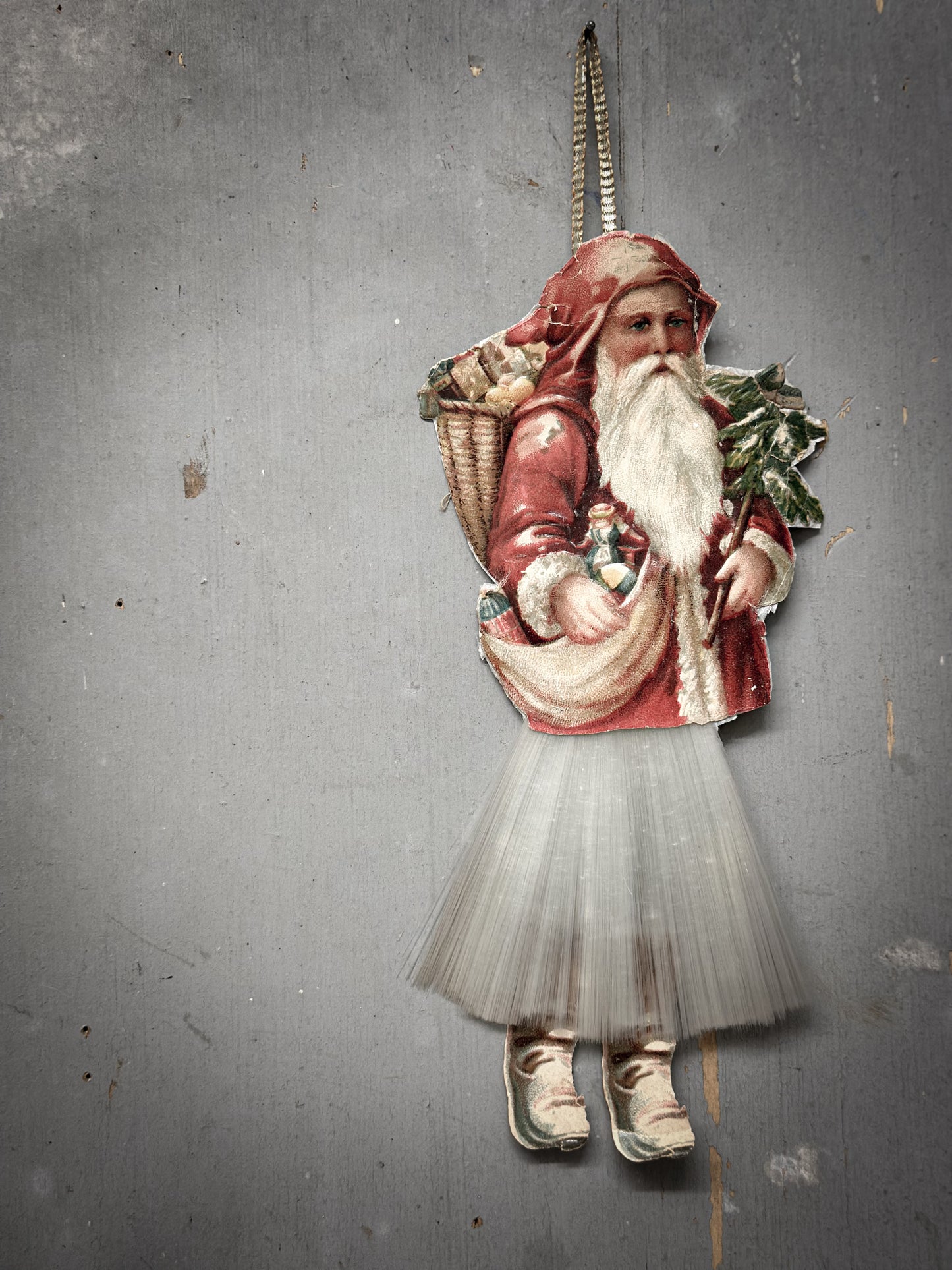 Antique German Father Christmas Ornament with Spun-Glass Skirt (c. 1900–1930)