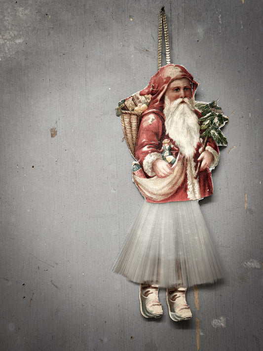 Antique German Father Christmas Ornament with Spun-Glass Skirt (c. 1900–1930)