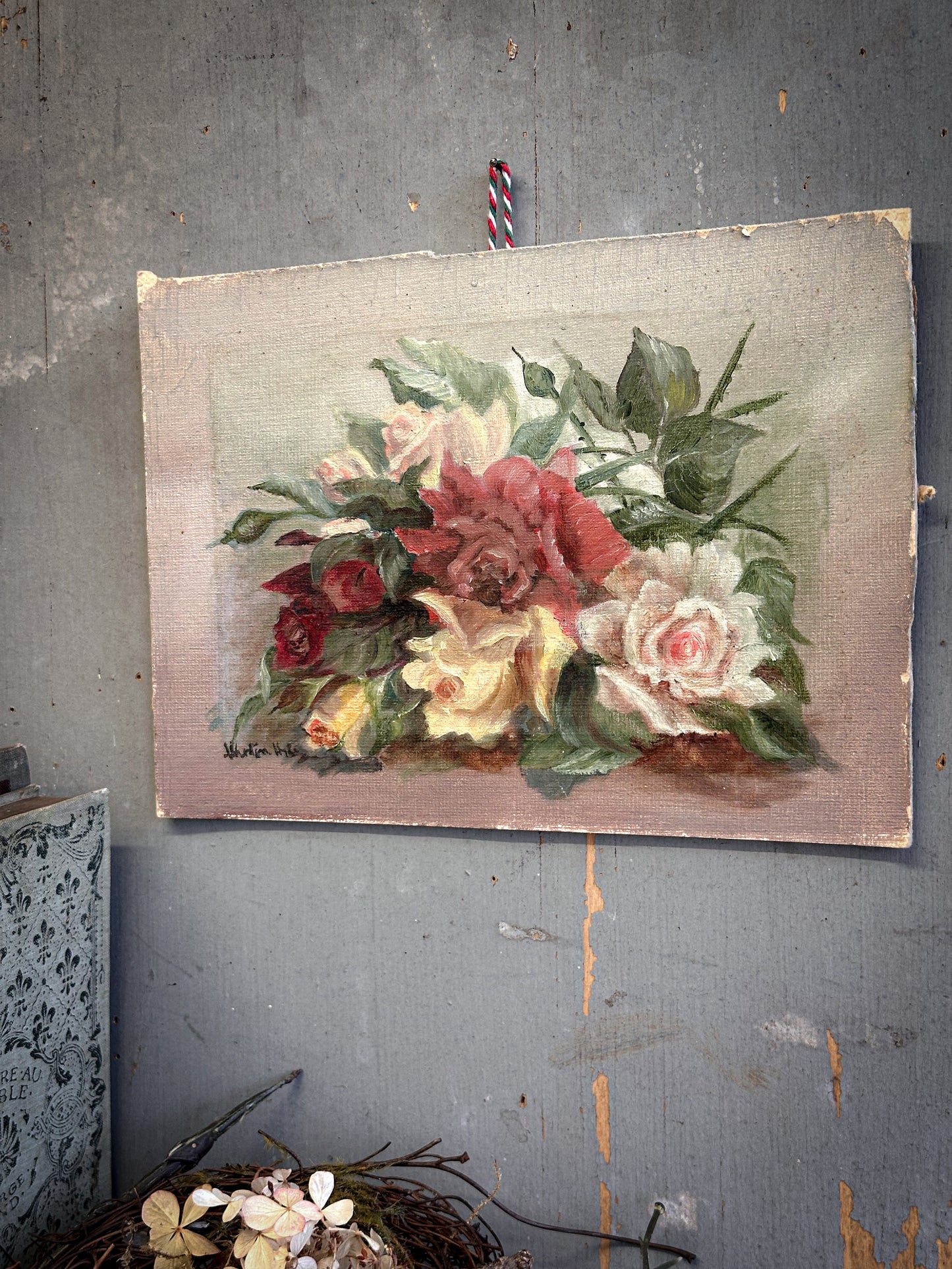 Antique Floral Oil Painting – Roses