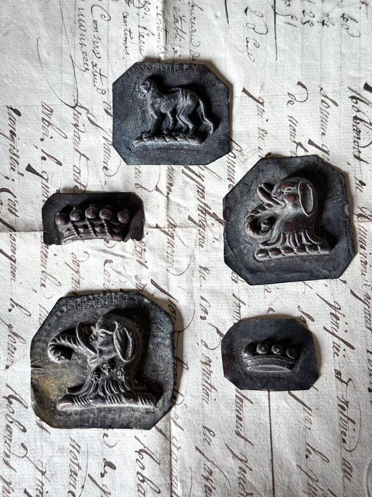 Antique Heraldic & Decorative Pressed Tin Die Pattern Collection – Elephant, Monkey & Crown Motifs c.1900