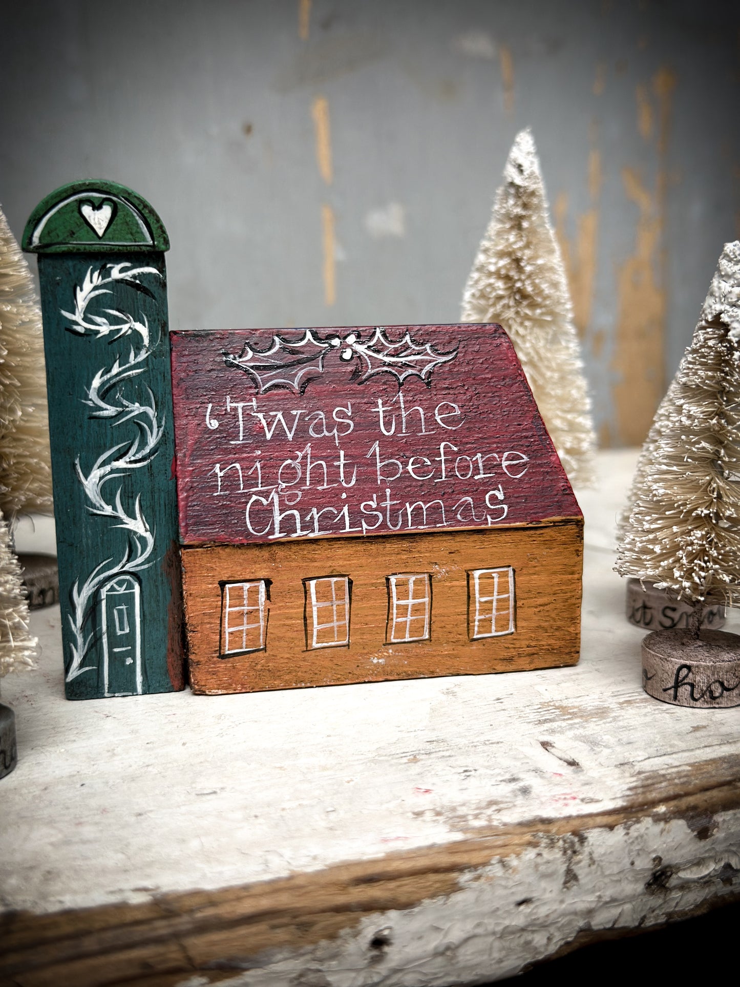 A Large Vintage German Erzgebirge Putz Wooden Village House “The Night Before Christmas”