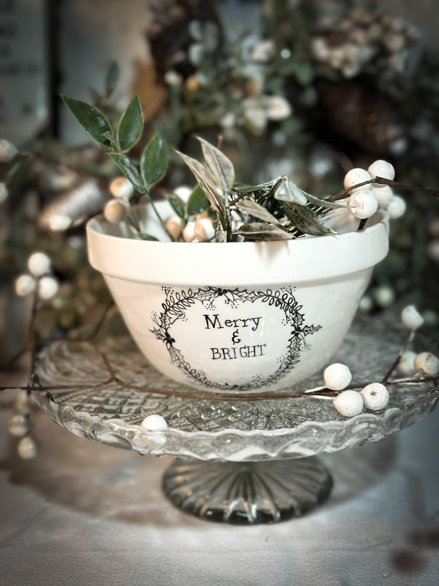 A beautiful vintage Illustrated Ironstone pudding bowl with a hand painted quote