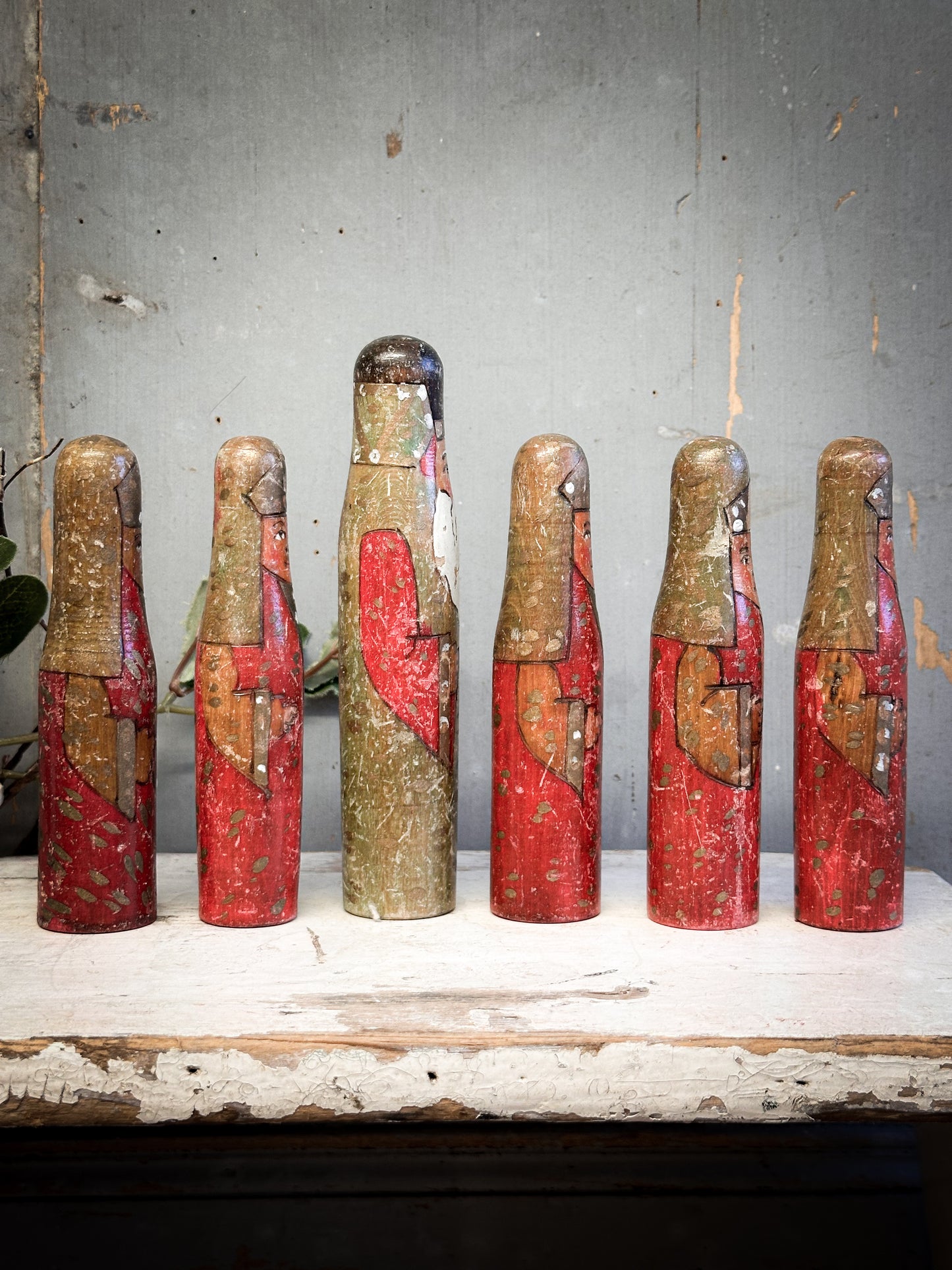 Exquisite Antique Hand-Carved Santa Figures – Set of Six (c. 1920–1930, Ex-Bletchley Museum Collection)