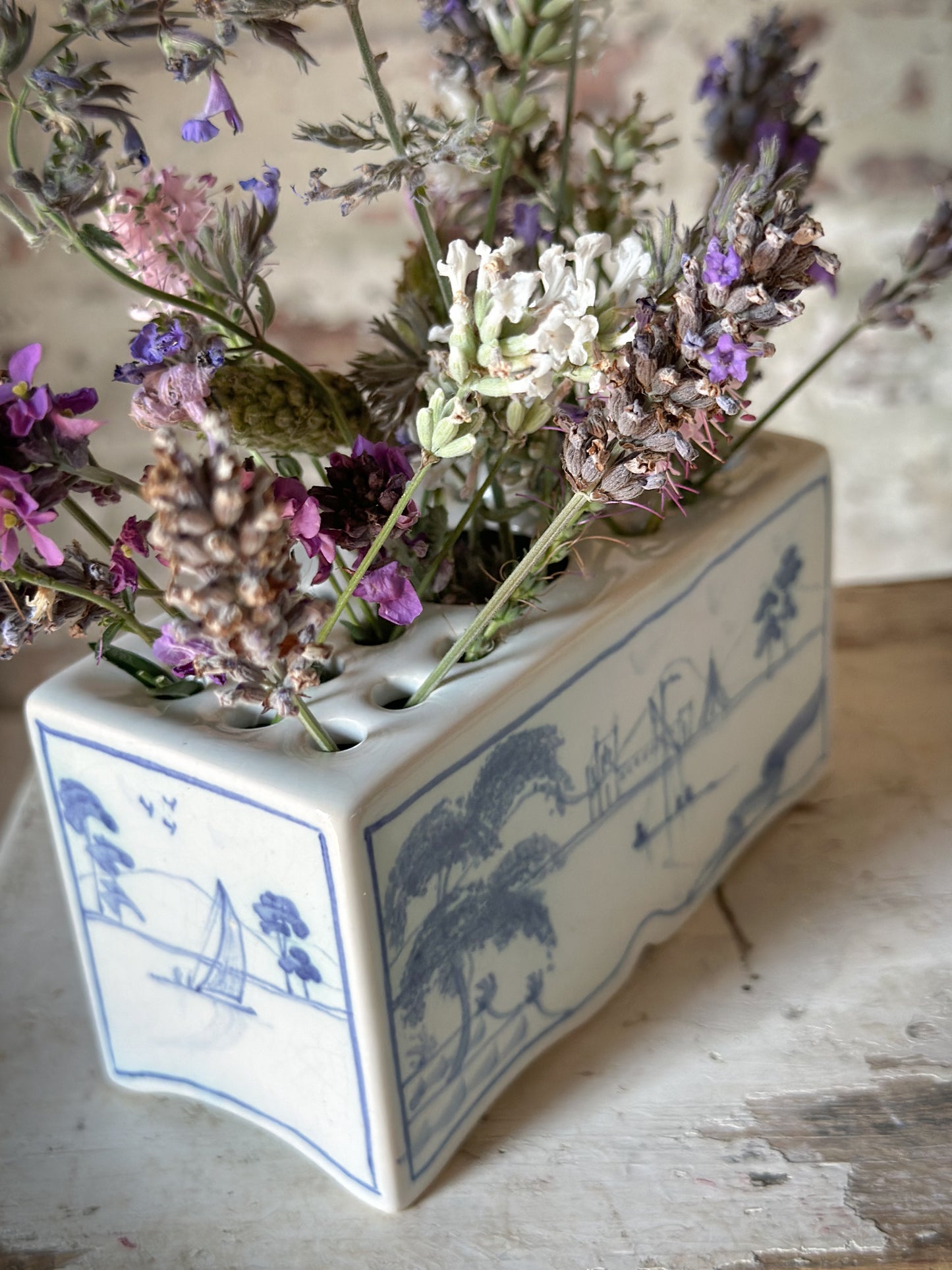 A beautiful Isis by Deborah seers Oxford, blue and white flower brick, tulipiere, flower frog, blue and white tin glaze vase