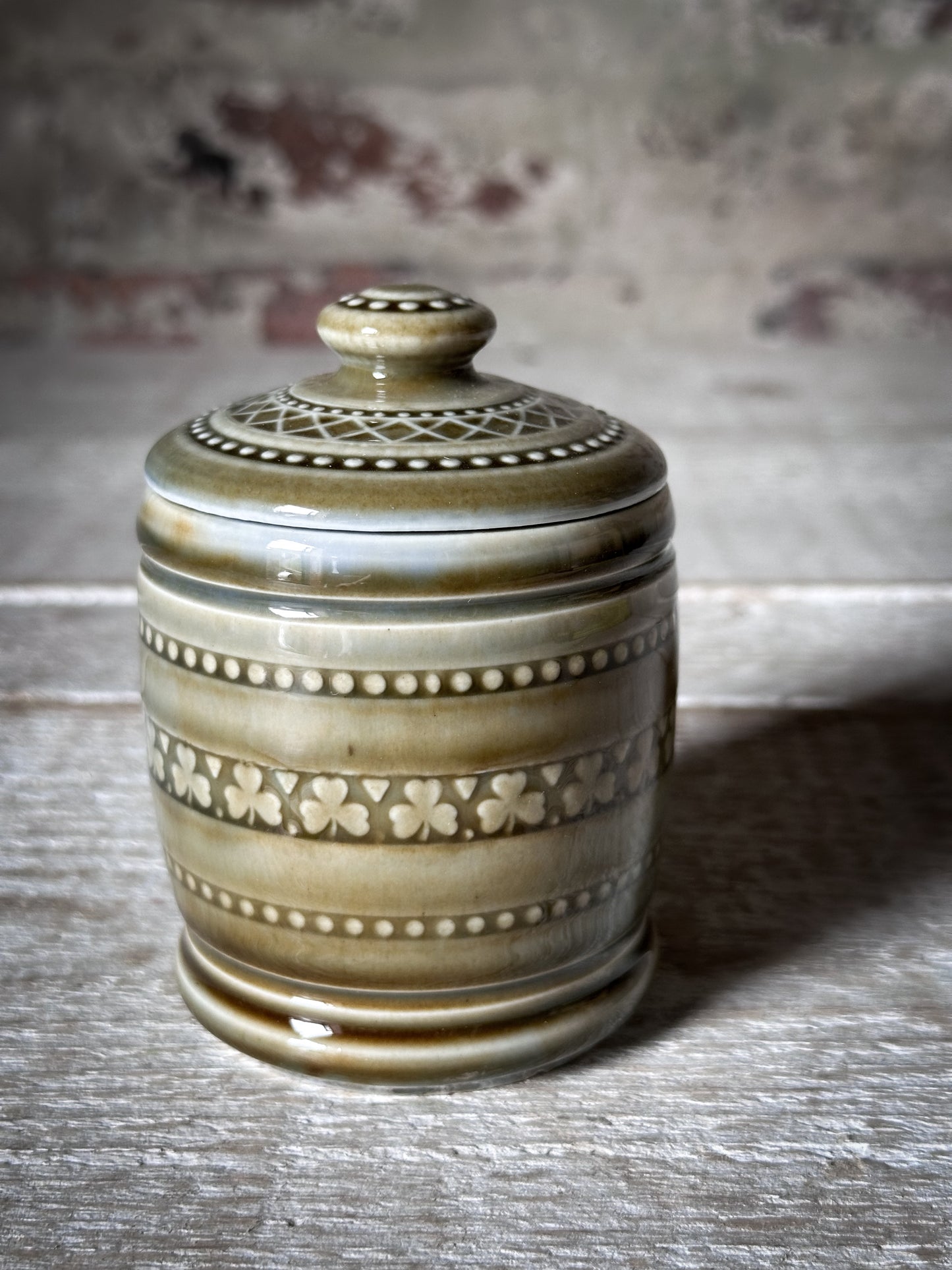 Vintage Irish Porcelain Honey Pot with Lid | Shamrock Stoneware Preserve Jar | Made in Ireland