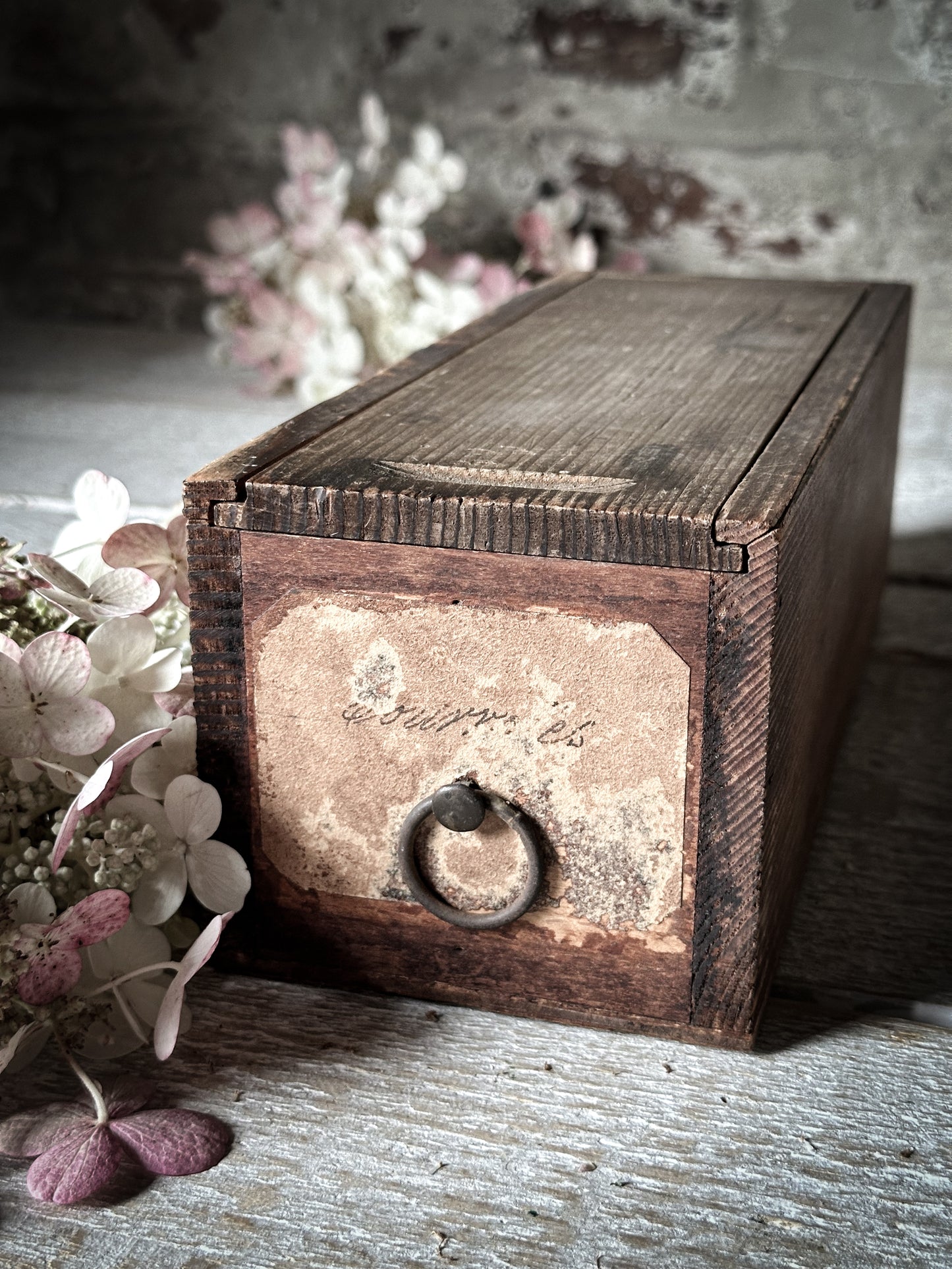 A wonderful French wooden engineer’s drawer with hand written label and sliding lid