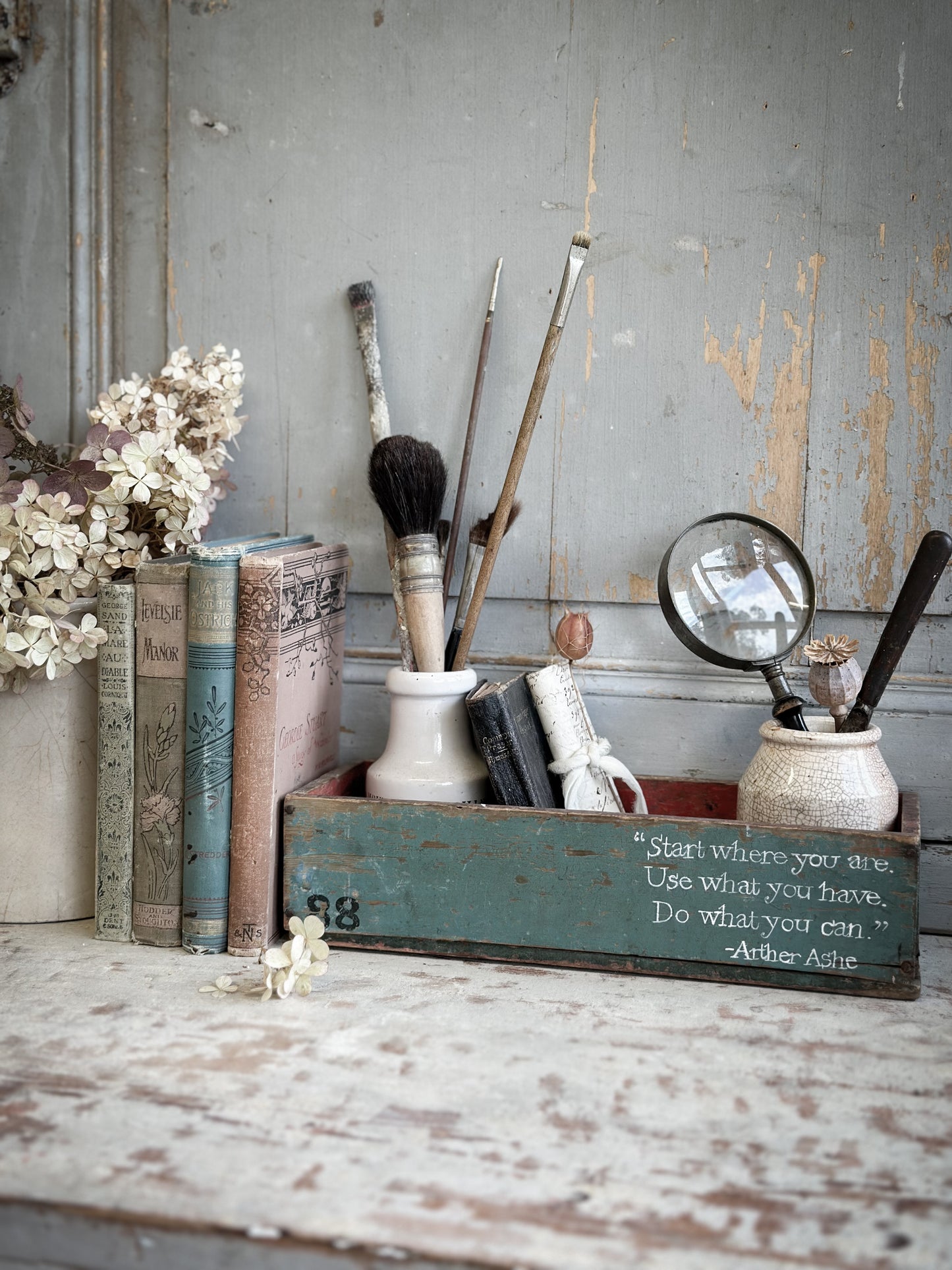 A Vintage French Chippy Paint Wooden Crate With A Hand Painted Quote