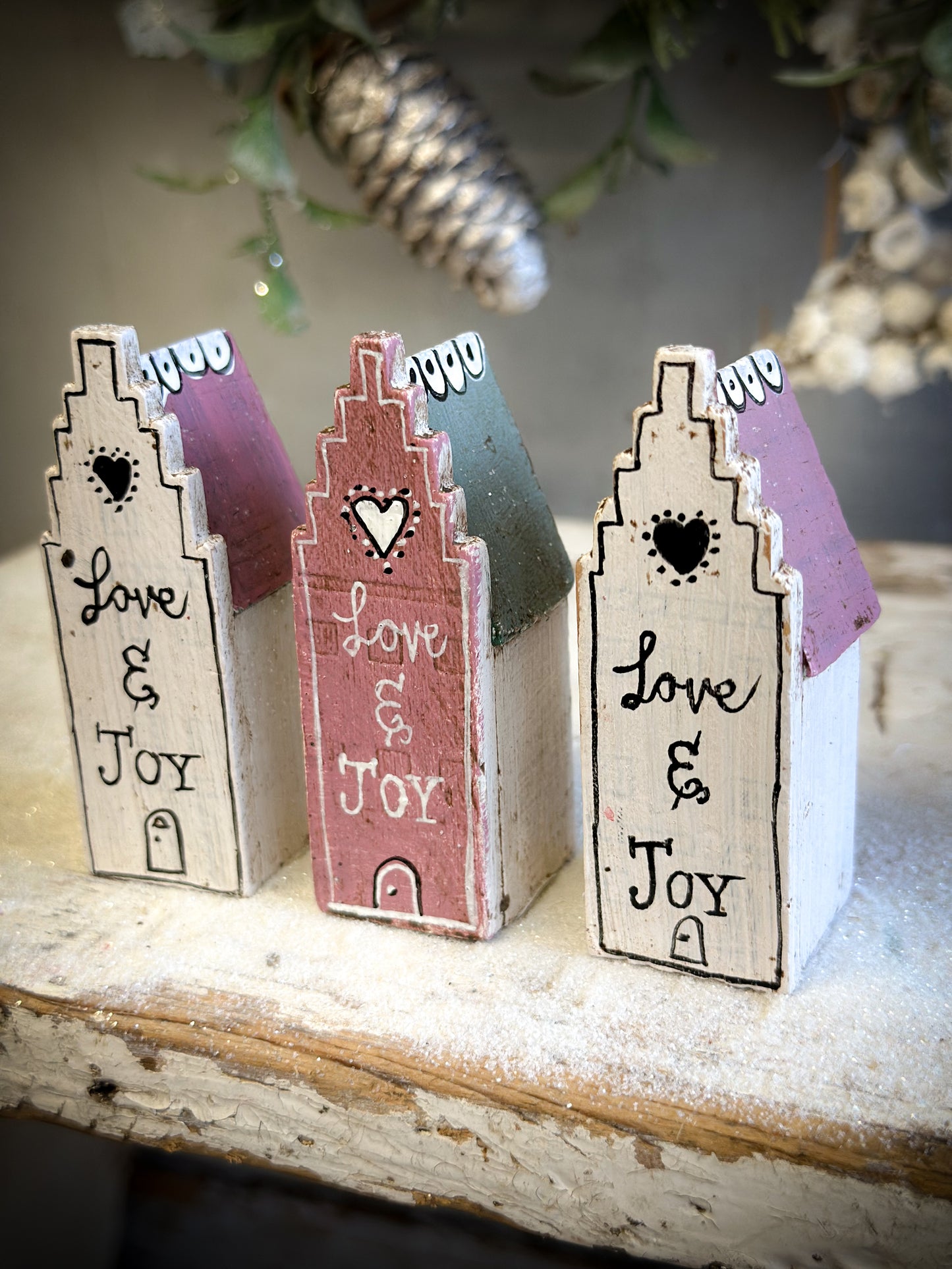 A Pretty Vintage German Erzgebirge Putz Wooden Village House “Love & Joy” White