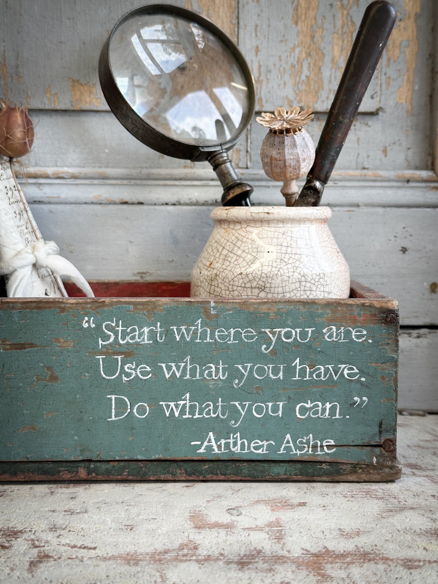 A Vintage French Chippy Paint Wooden Crate With A Hand Painted Quote
