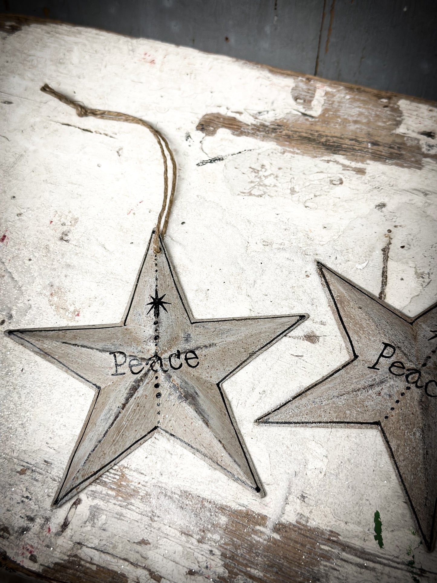 A Large Grey Tin Barn Star Christmas Decoration “Peace”