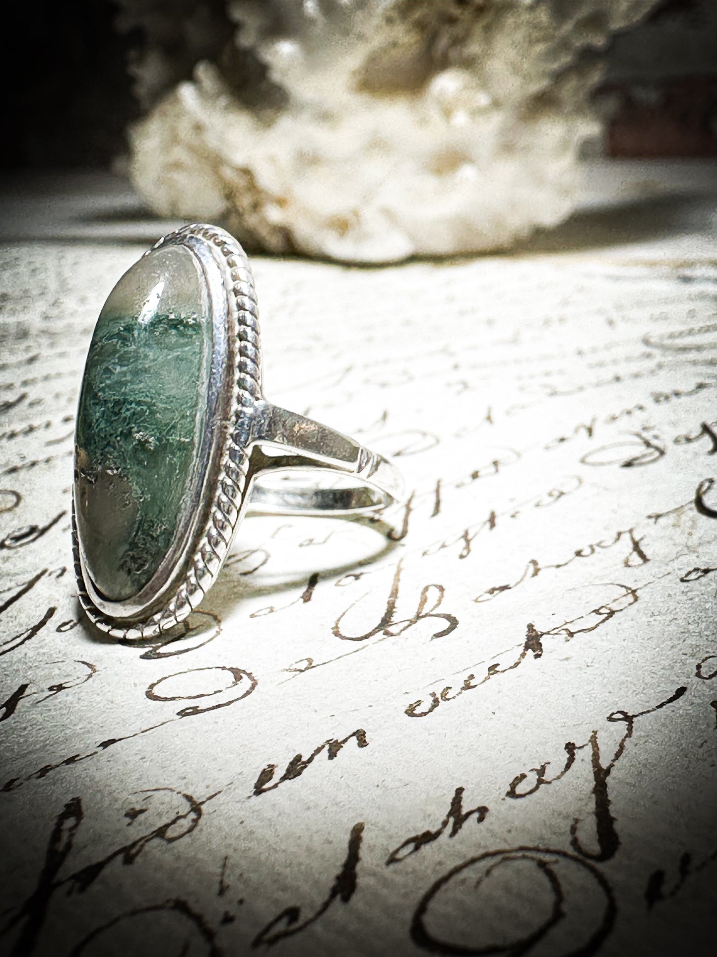 Vintage Hallmarked Silver Oval Moss Agate Ring