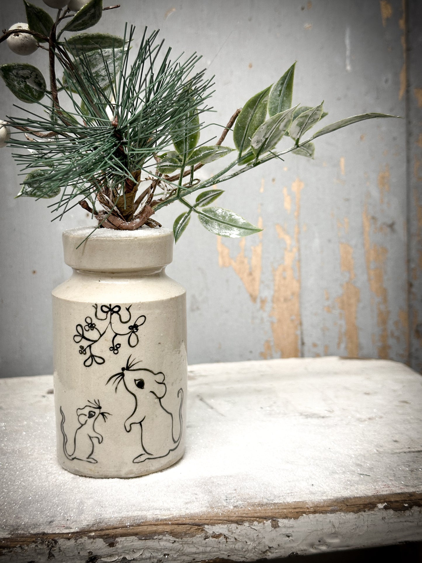 A Hand Painted Mini Victorian Illustrated “ Baby’s First Christmas” Stoneware Bottle