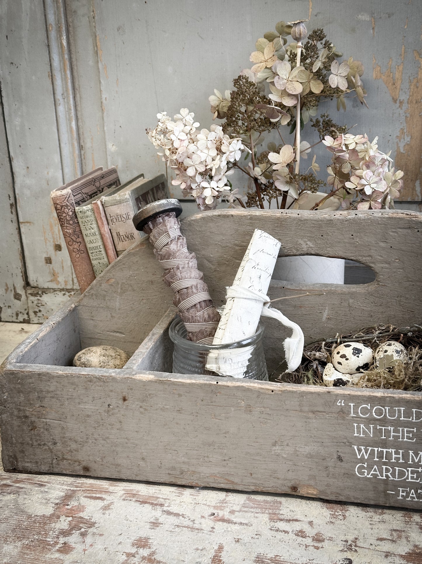 A Large Vintage French Chippy Paint Wooden Trug With Garden Quote