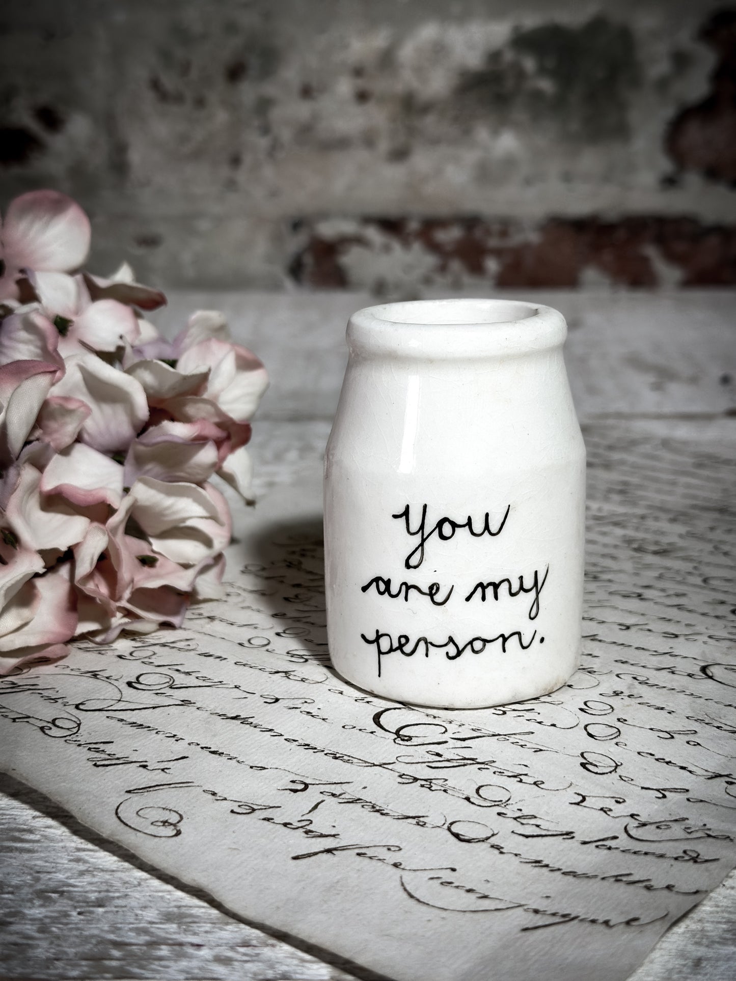 An Antique Creamery Vase Bottle with a Hand Painted Inspirational Quote