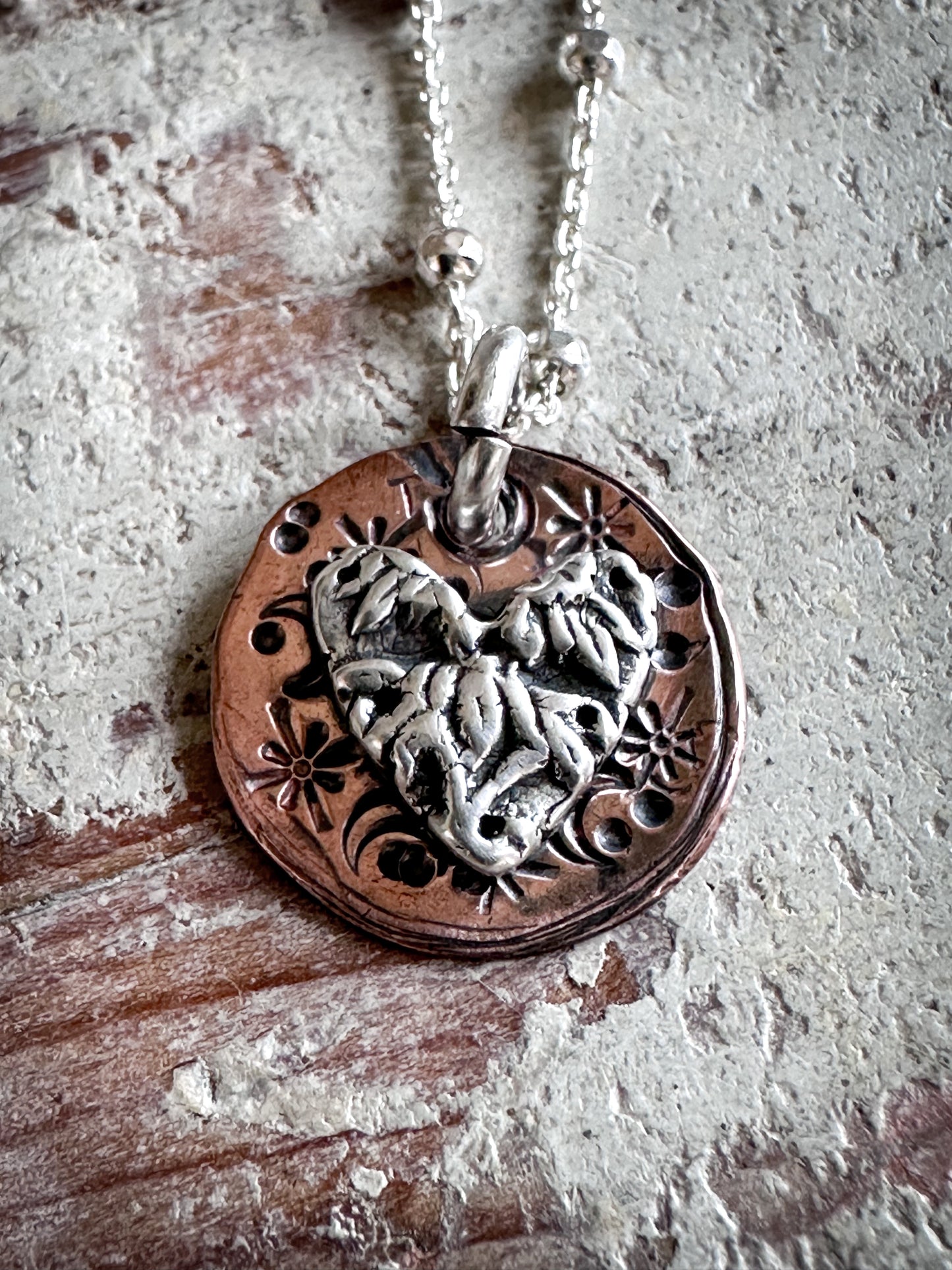 Moon Garden Heart Necklace – Fine Silver Wedgwood Sprig on Star-Stamped Copper