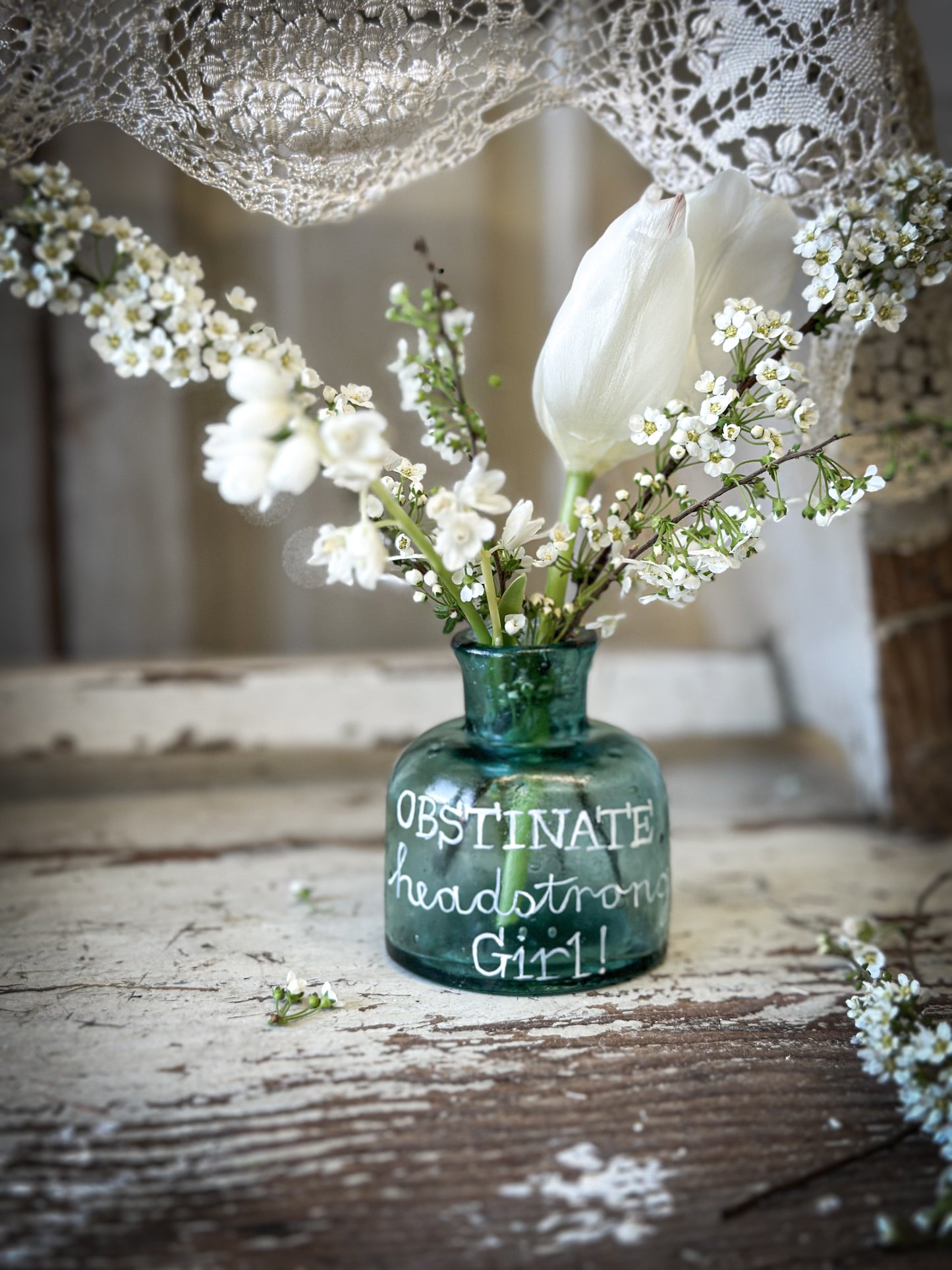 A beautiful Victorian glass ink bottle “Obstinate, headstrong girl”