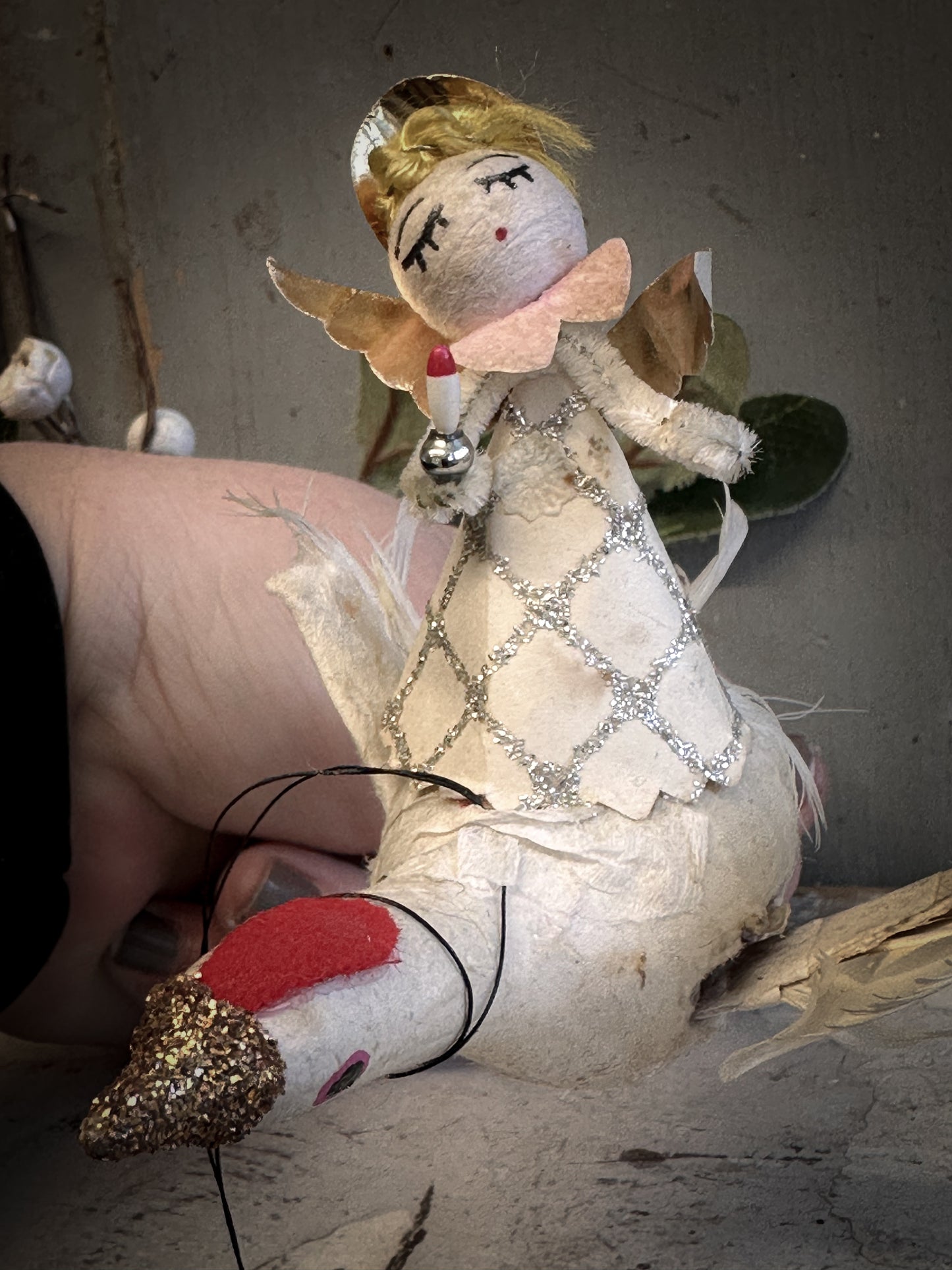 Mid-Century Japanese Spun-Cotton Angel Riding a Goose – Feather Wings & Mica Glitter – c.1950s–60s