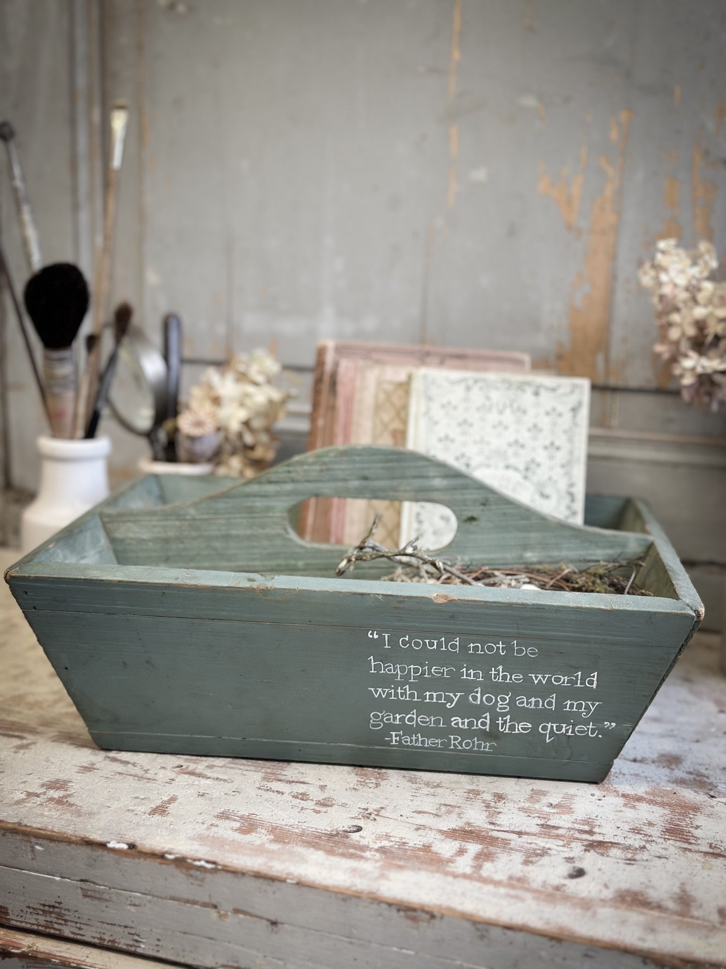 A Vintage Chippy Paint Wooden Trug With Garden Quote