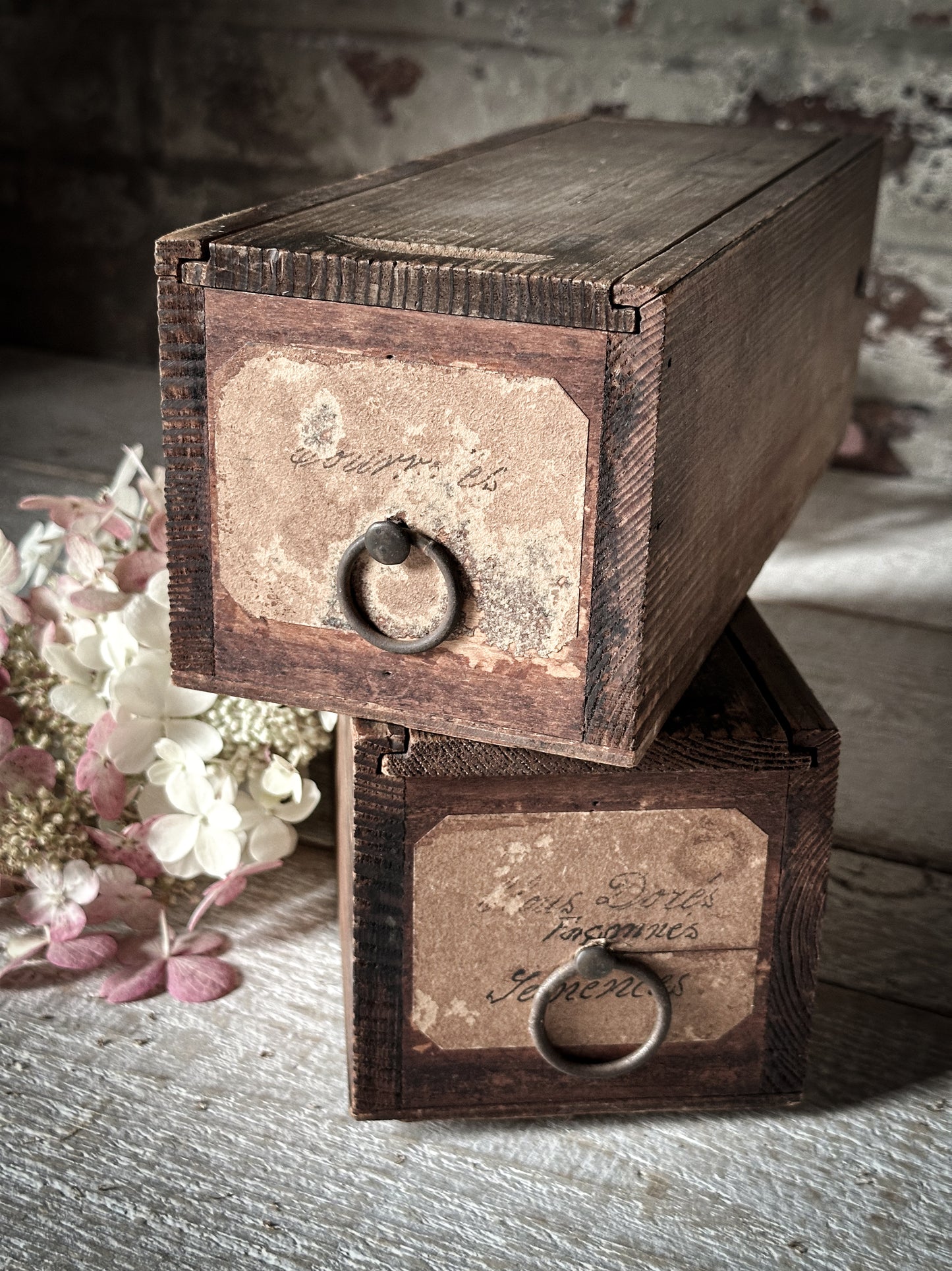 A wonderful French wooden engineer’s drawer with hand written label and sliding lid