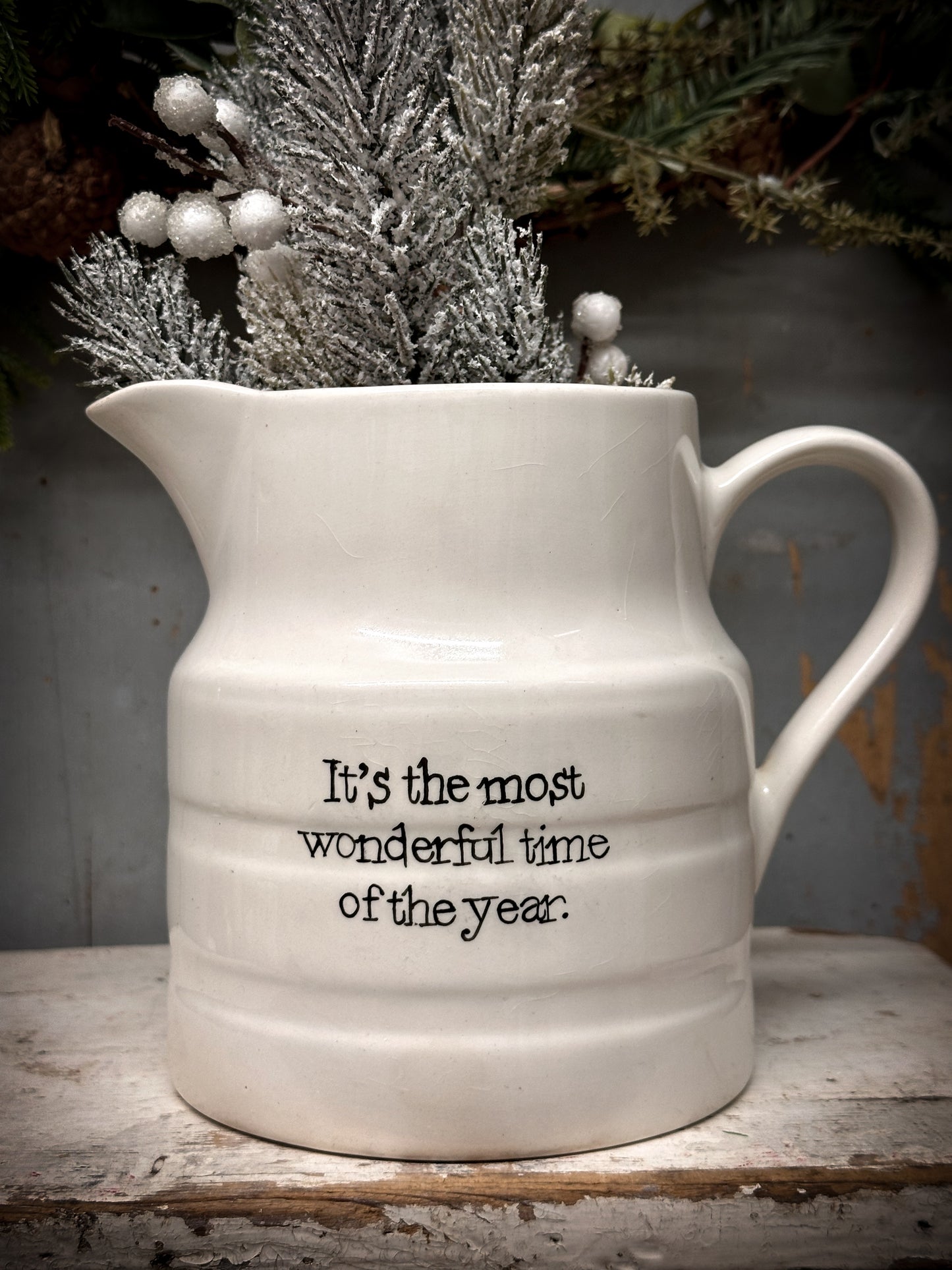 An Antique Ironstone Banded Jug with a Christmas hand painted quote