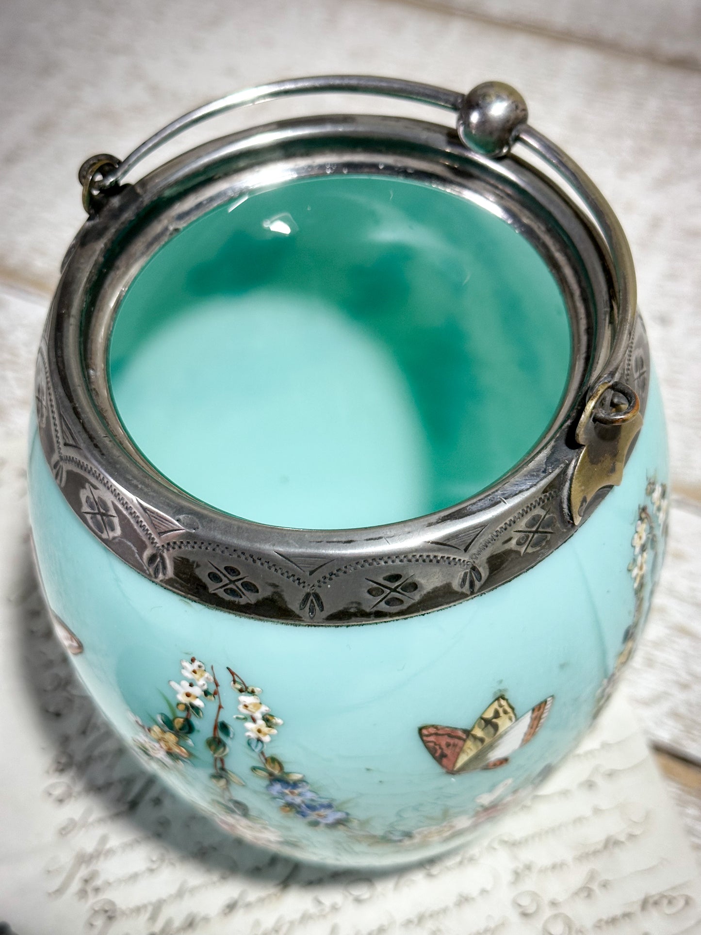 Antique lady’s Enamelled Milk Glass Boudoir Biscuit Barrel