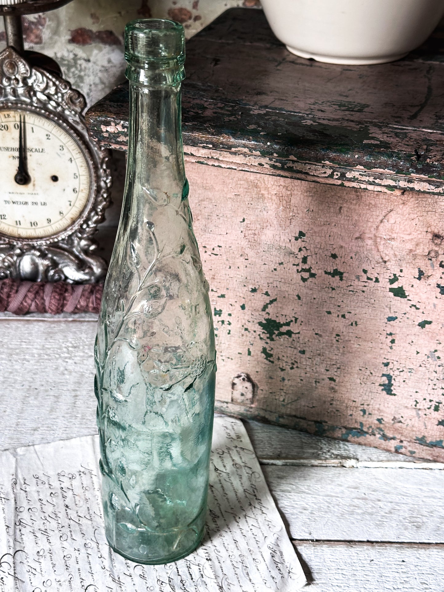 Victorian Rose’s Lime Cordial Bottle – Tall Embossed Floral Aqua Glass