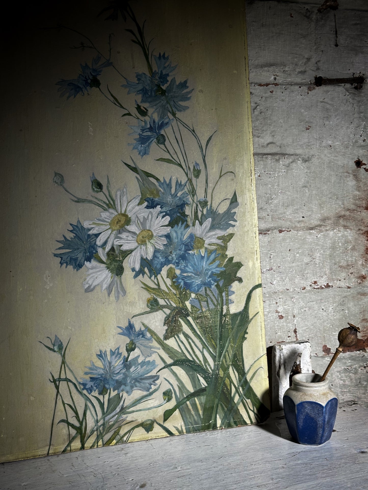 A Vintage oil on board painting of Daisies and Cornflowers