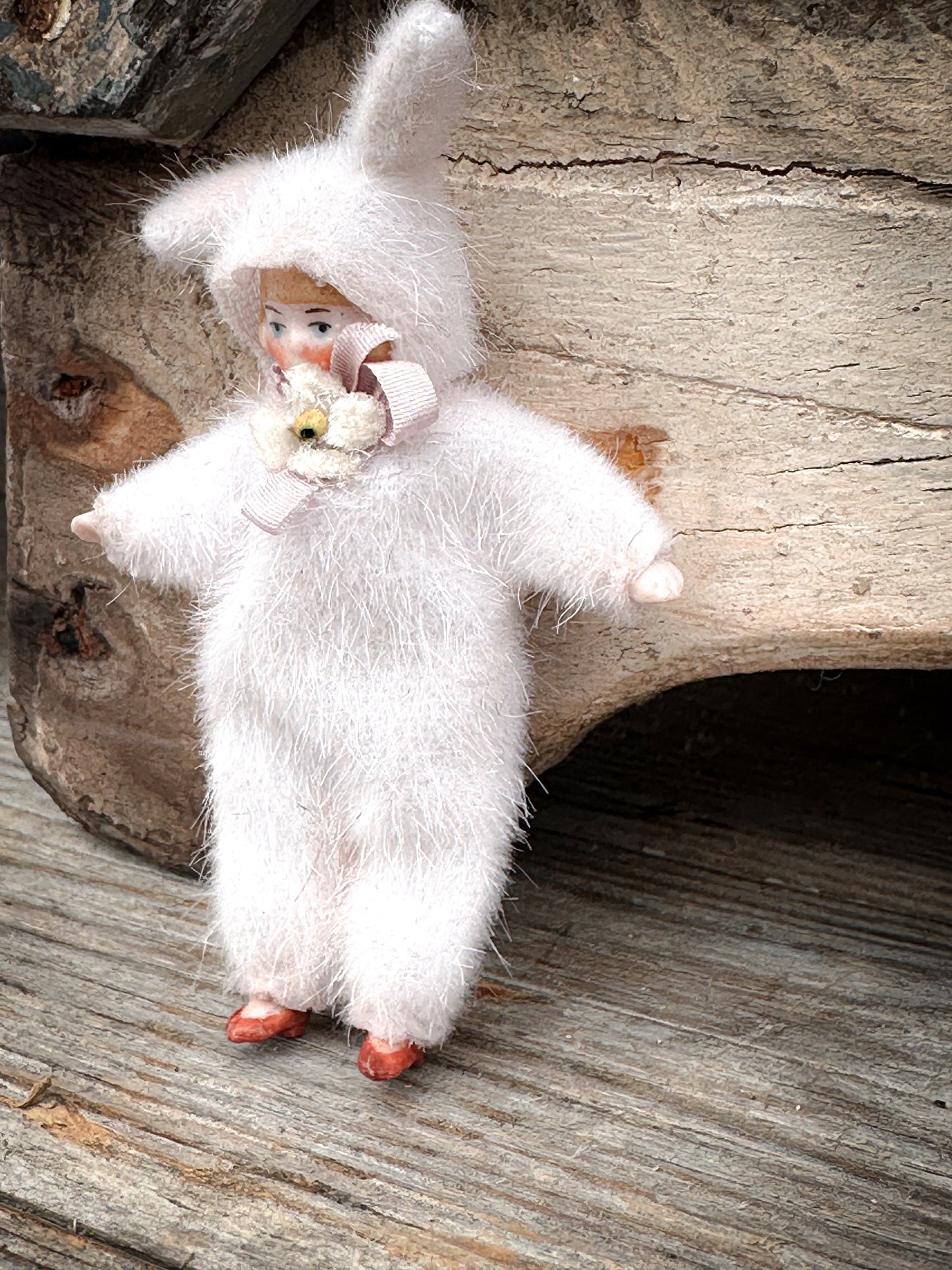 One of a Kind Handmade Artist Bunny Doll by Goody Two Shoes, Made from Victorian Bisque Doll, Miniature Collectible