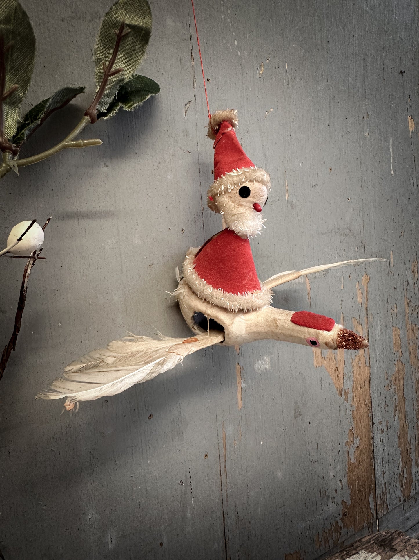 Mid-Century Japanese Flying Father Christmas Ornament – Spun Cotton & Feather Wings – c.1950s–60s