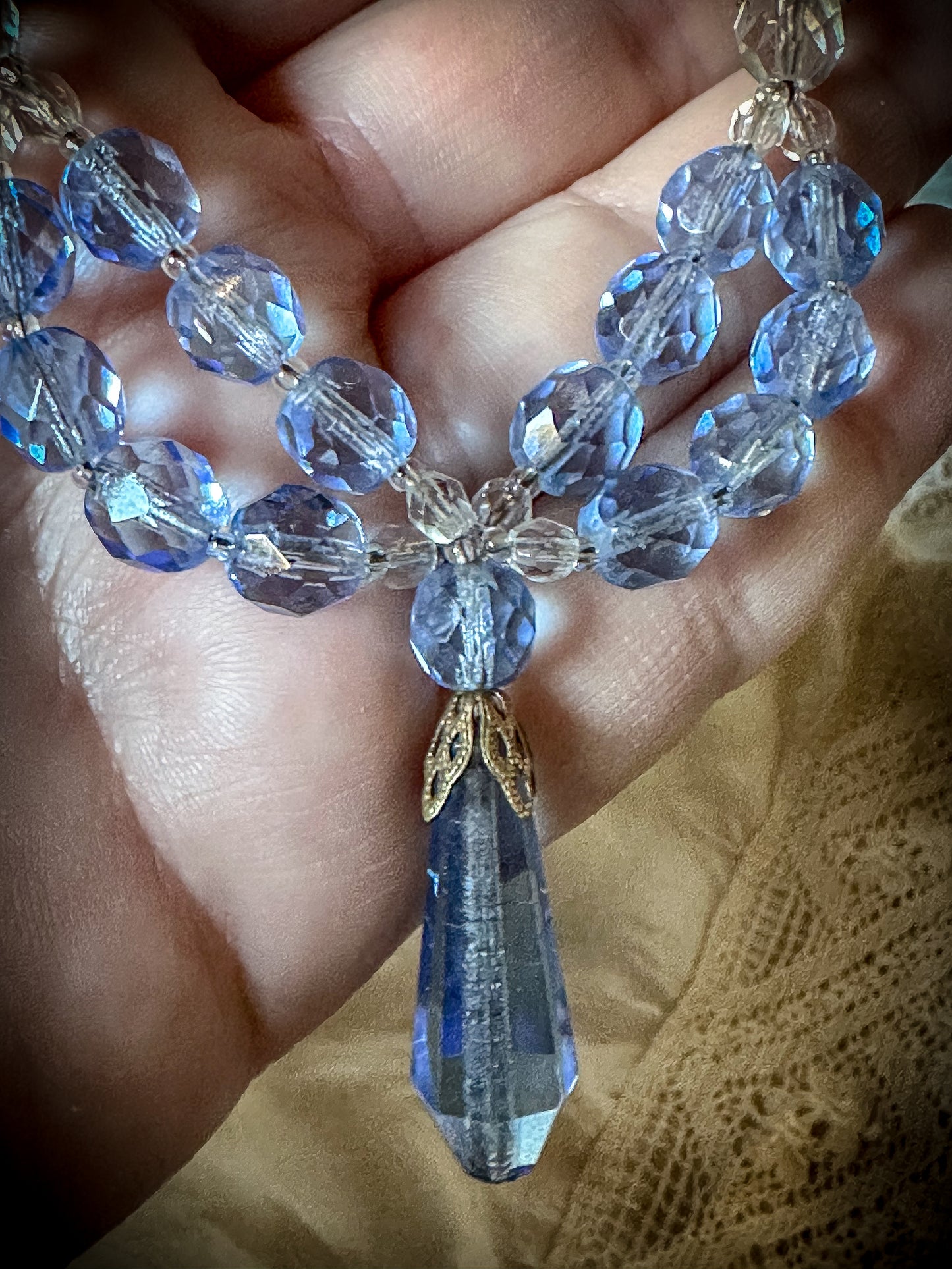 A stunning antique Czech crystal blue and clear drop necklace